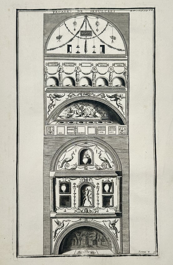 Bernard de Montfaucon (1655–1741) – Facades of Sepulchres – Copperplate engraving (1 of 2)