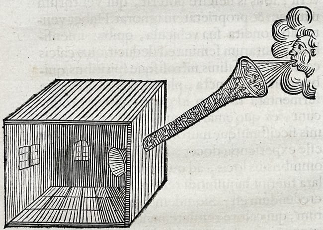 Athanasius Kircher (1602–1680) – View of an experiment on the origin of winds – Engraving: "De Ventorum Origine" This engraving illustrates a scientific experiment involving a long tube connected to a building, designed to demonstrate the movement of air and the transmission of odors or vap
