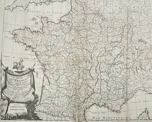 Jean-Claude Dezauche – Map of France divided into 83 Departments – Hand-coloured engraving: "Carte de France, suivant sa Nouvelle Division en LXXXIII Départements." This hand-coloured engraving is a historically significant map of France, showcasing the administrative restructuring that occ