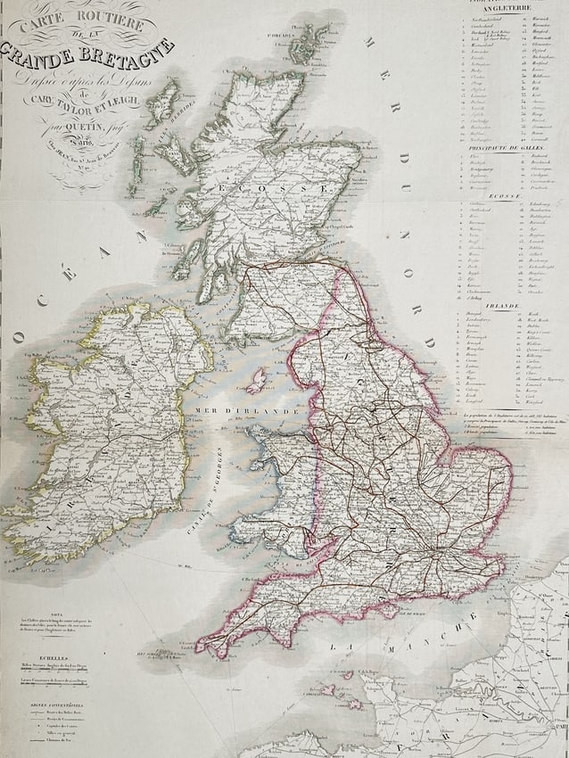 Alexandre Aimé Vuillemin (1812–1880) – Road Map of the British Isles – Hand-coloured (1 of 2)