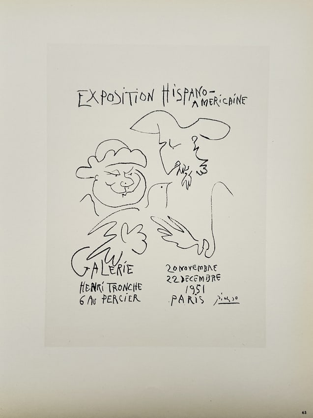 Pablo Picasso (1881–1973), after – Poster for the Hispano-American Exhibition – Lithograph: "Exposition Hispano-Américaine" illustrates a minimalist linear composition featuring stylized figures and a dove, originally designed to promote an exhibition at the Galerie Henri Tronche in Paris. 