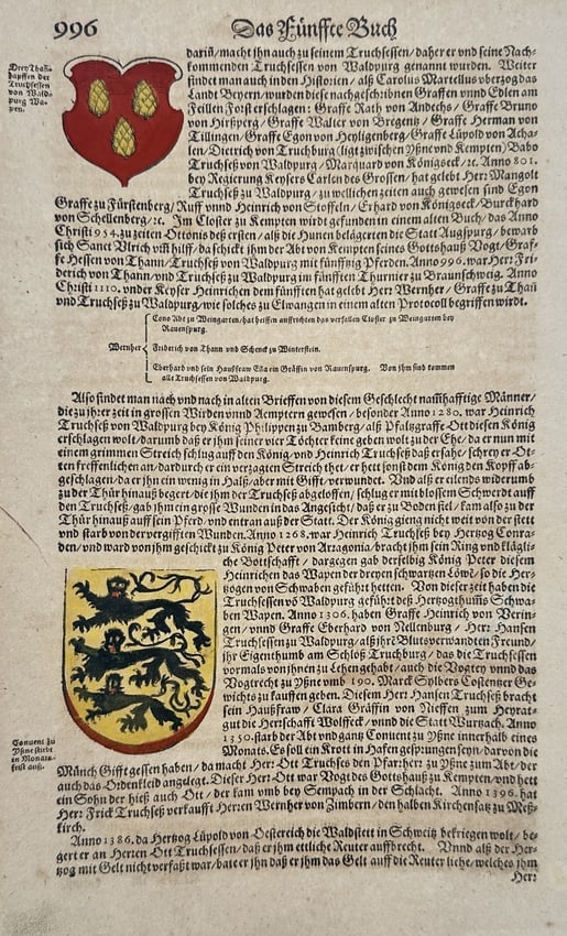 Sebastian Münster (1488–1552) – Waldburg Heraldry and Lineage – Hand-coloured woodcut (1 of 2)