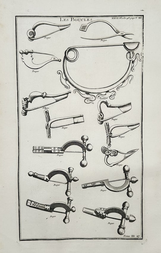 Bernard de Montfaucon (1655–1741) – View of ancient Roman buckles and fasteners (1 of 2)