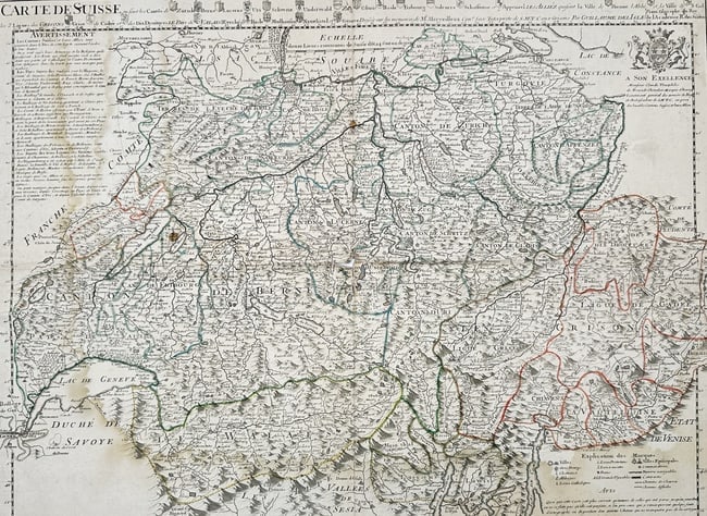 Guillaume de l'Isle (1675–1726) – Map of Switzerland – Hand-coloured engraving: "Carte de Suisse." This meticulously detailed copperplate engraving is a seminal map of Switzerland, illustrating the complex network of cantons, allied territories, and subject lands that comprised t