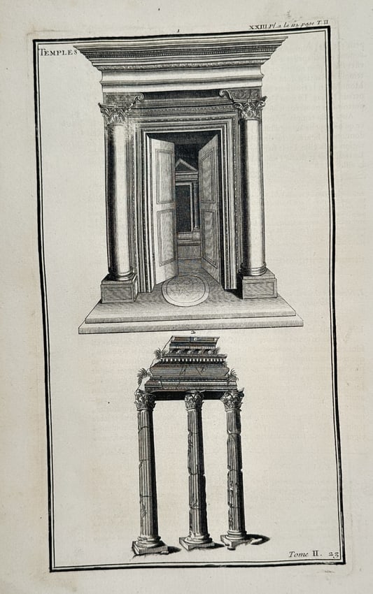 Bernard de Montfaucon (1655–1741) – Classical Temple Portal and Corinthian Columns: This illustration features two detailed studies of Roman architectural elements under the heading Temples. The upper portion depicts an ornate portal with heavy Corinthian columns and open double door