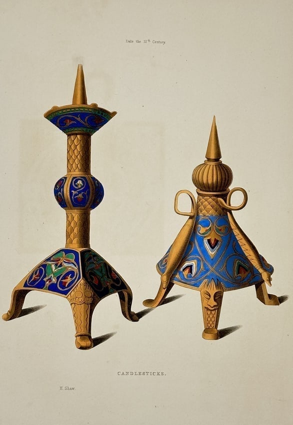 Henry Shaw (1800–1873) – Illustration of Enamelled Candlesticks – Hand-colored (1 of 2)