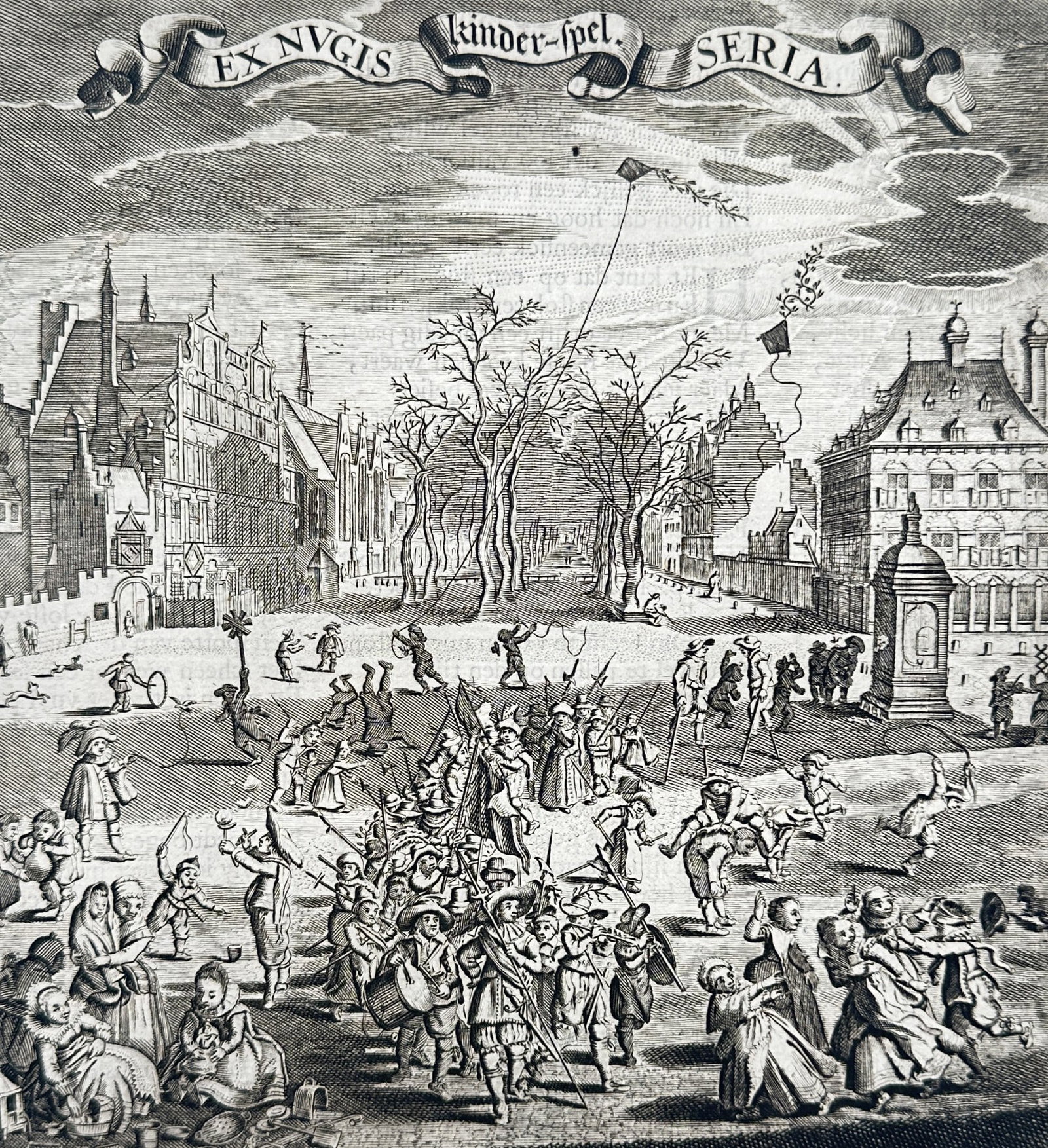Jacob Cats – View of Kinder-spel (Children's Games) – Copper engraving (17th Century): "Kinder-spel" is a copper engraving and letterpress leaf illustrating a bustling town square filled with children engaged in various traditional games, serving as a didactic plate from a work by Jacob