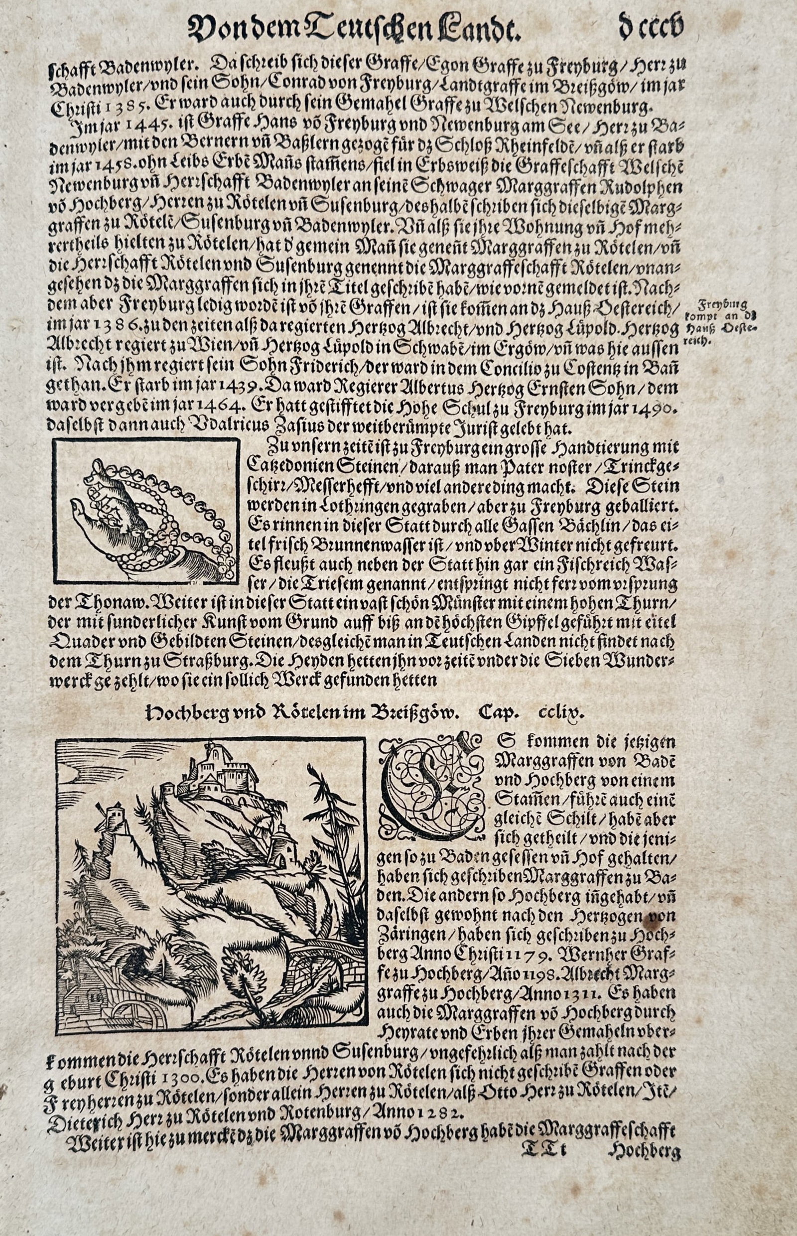 Sebastian Munster (1488–1552) – Description of Freiburg and Hochberg – Woodcut (1550): "Vondem Teutschen Landt" is a leaf from the German edition of the Cosmographia, detailing the history and geography of Freiburg im Breisgau and the lordship of Hochberg. The text describes the commerc
