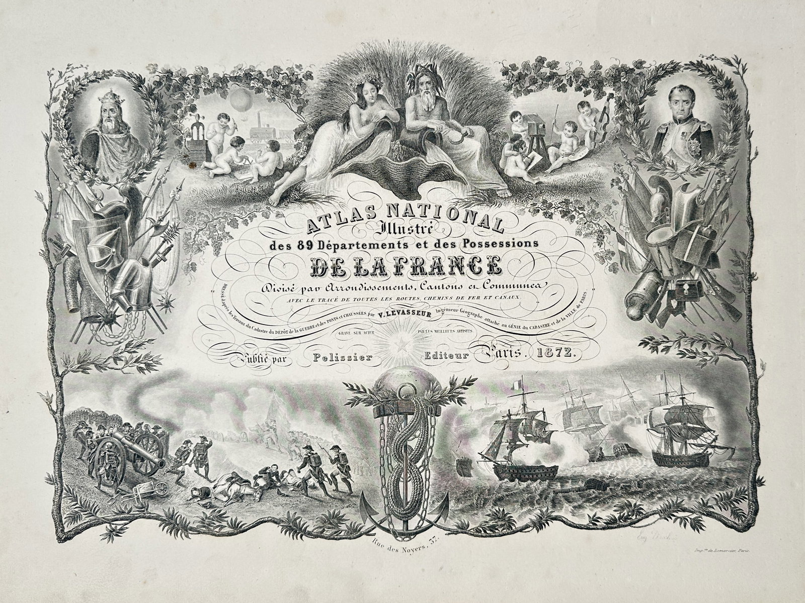 Victor Levasseur (1800–1870) – Title Page of the Atlas National Illustré – France – Steel: "Atlas National Illustre des 89 Departements et des Possessions de la France" features an elaborate allegorical composition surrounding central calligraphic text, depicting figures representing the ar