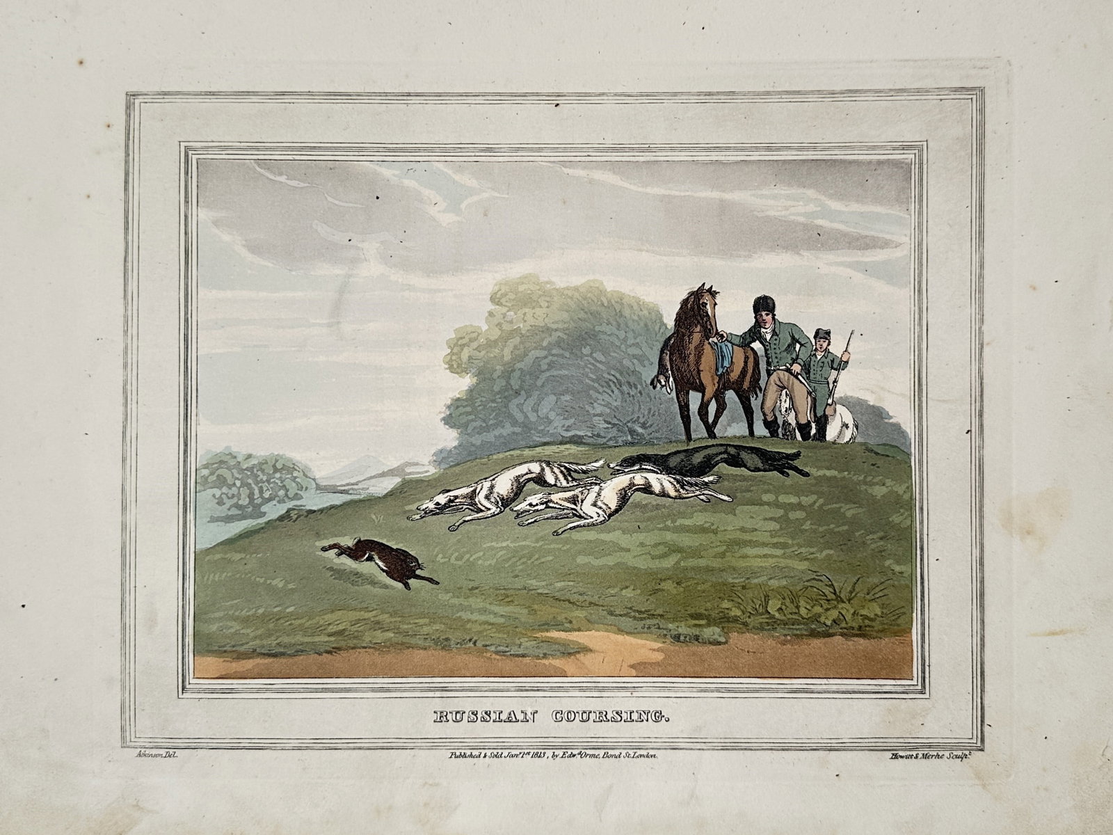Samuel Howitt (1756–1822) – Russian Coursing – Hand-coloured Aquatint (1813): "Russian Coursing" This hand-coloured aquatint depicts Borzoi dogs chasing a hare across an open field with hunters on horseback watching from a distance. It was published in the work Foreign Field Sp