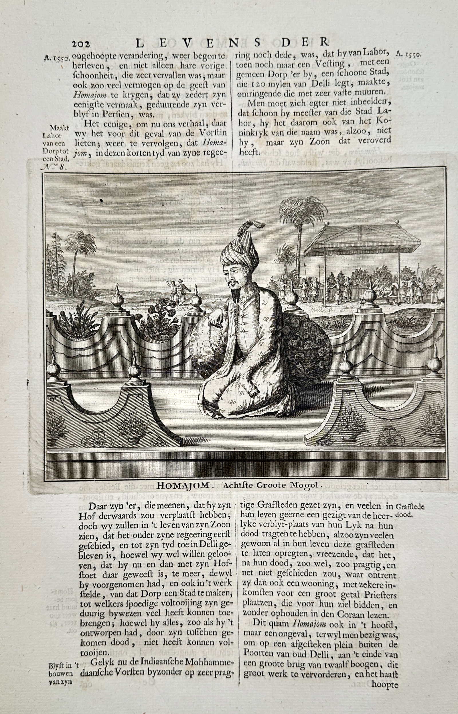 François Valentijn (1666–1727) – Portrait of Humayun, Eighth Great Mughal – Engraving (1724): "HOMAJOM" illustrates the second Mughal Emperor, Humayun, depicted in a seated position leaning against a large decorative bolster on an elevated terrace. The background features a tropical landscape 
