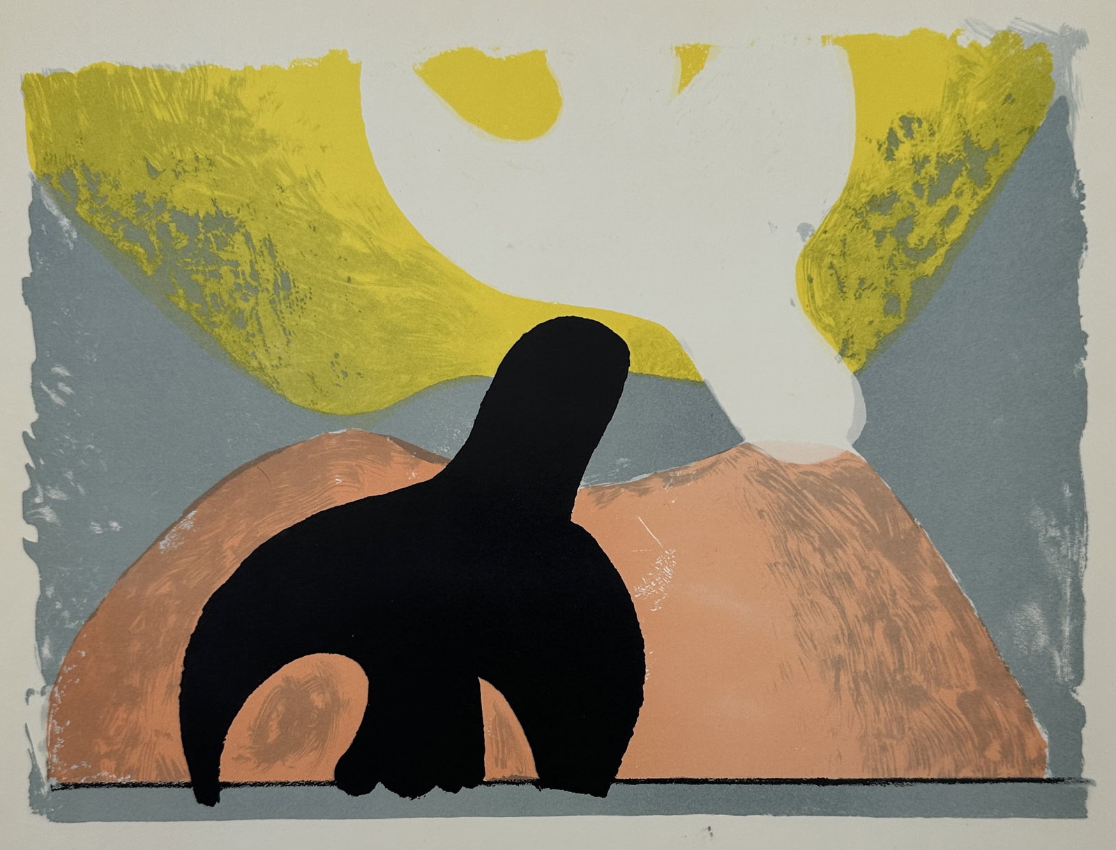 Georges Braque, after – L'Ordre des Oiseaux (The Order of Birds) – Offset print (20th Century): "L'Ordre des Oiseaux" features a stylized, biomorphic bird silhouette set against a landscape of ochre, yellow, and grey tones. The work is a reproduction of an illustration originally created for the