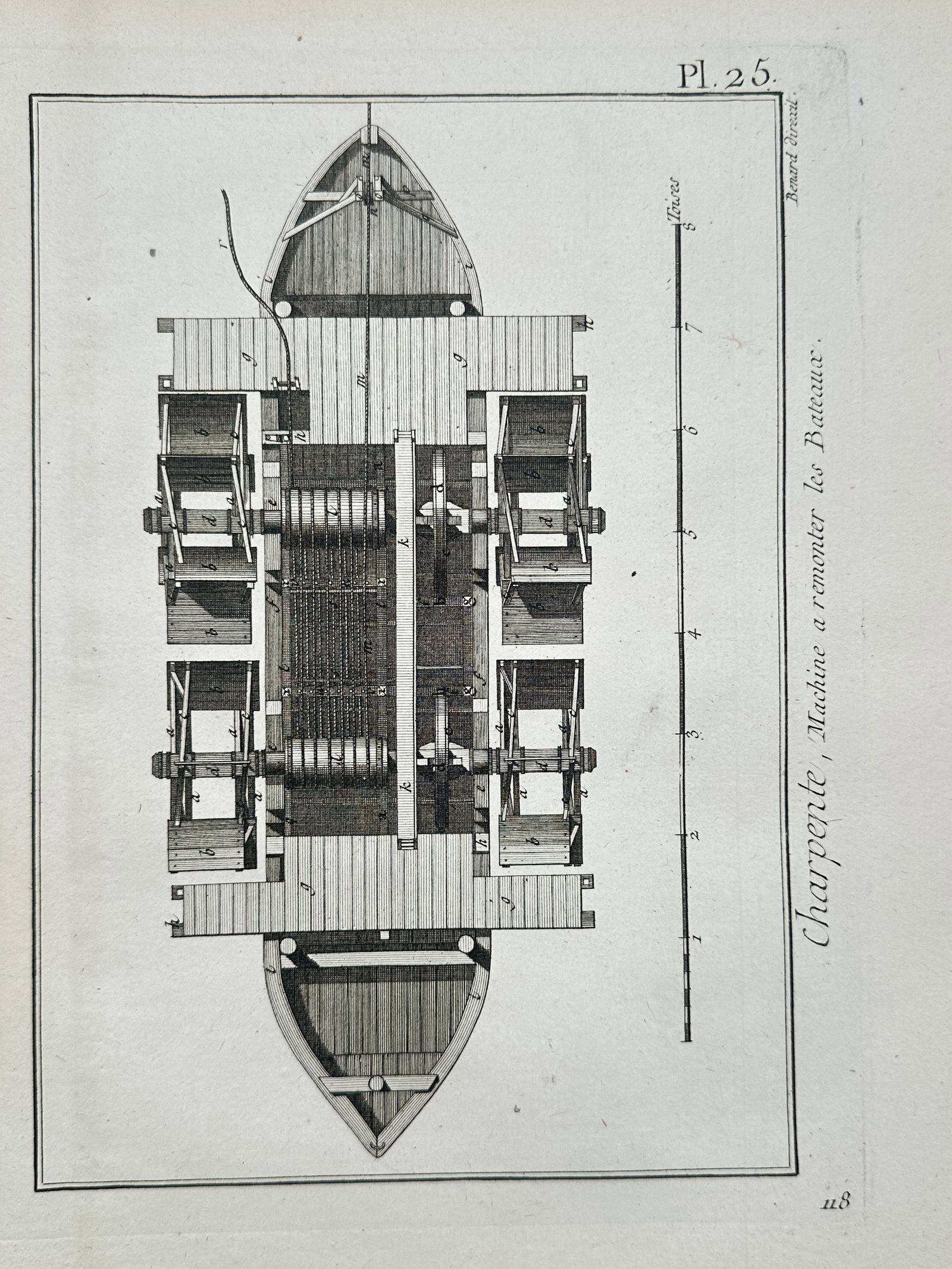Robert Benard (1734-1777) – Technical Drawing of a Boat Lifting Machine – Copper engraving (1 of 2)