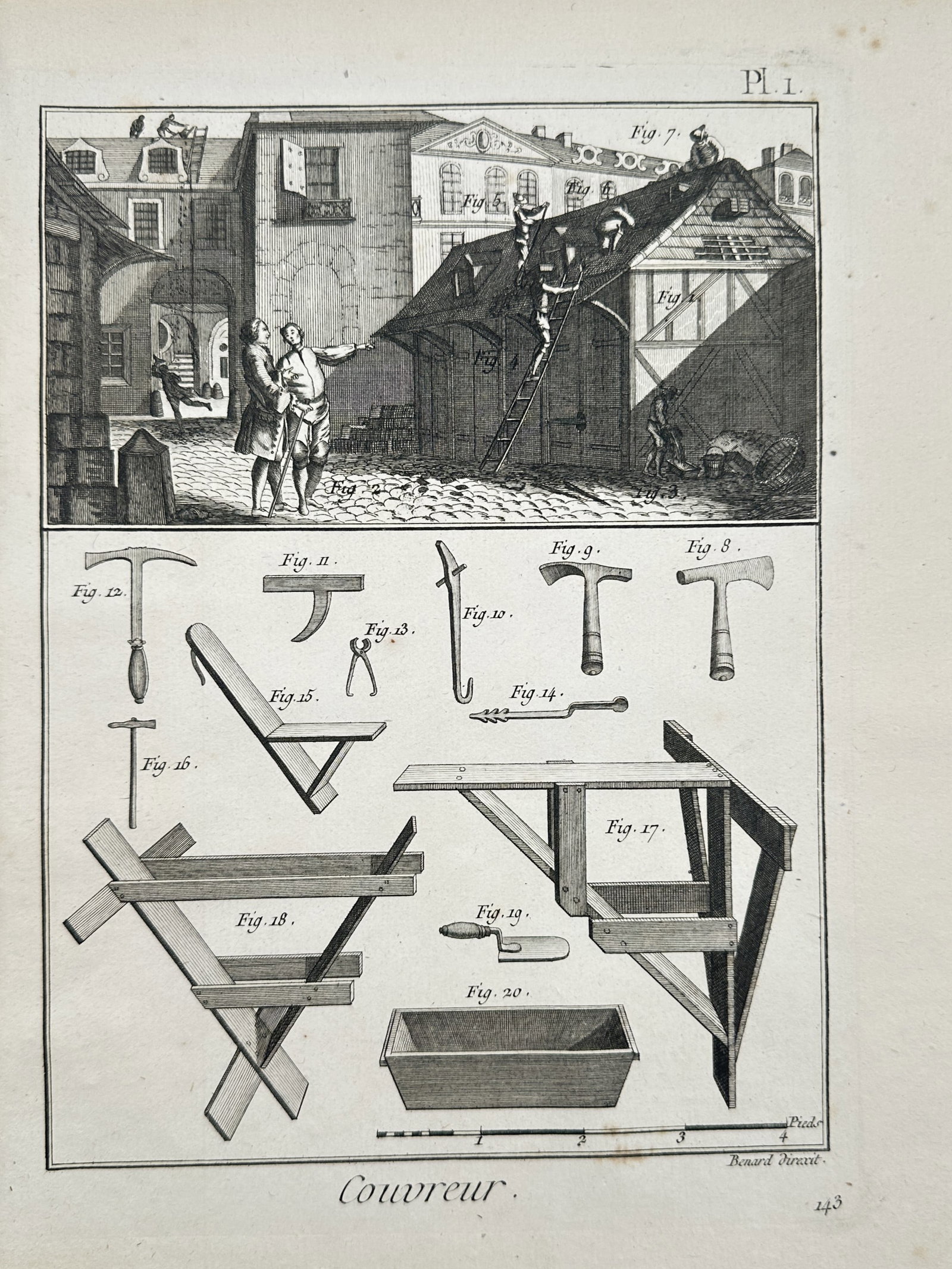 Robert Benard (1734-1777) – View of a Roofer's Workshop and Tools – Copper engraving (1763) (1 of 2)