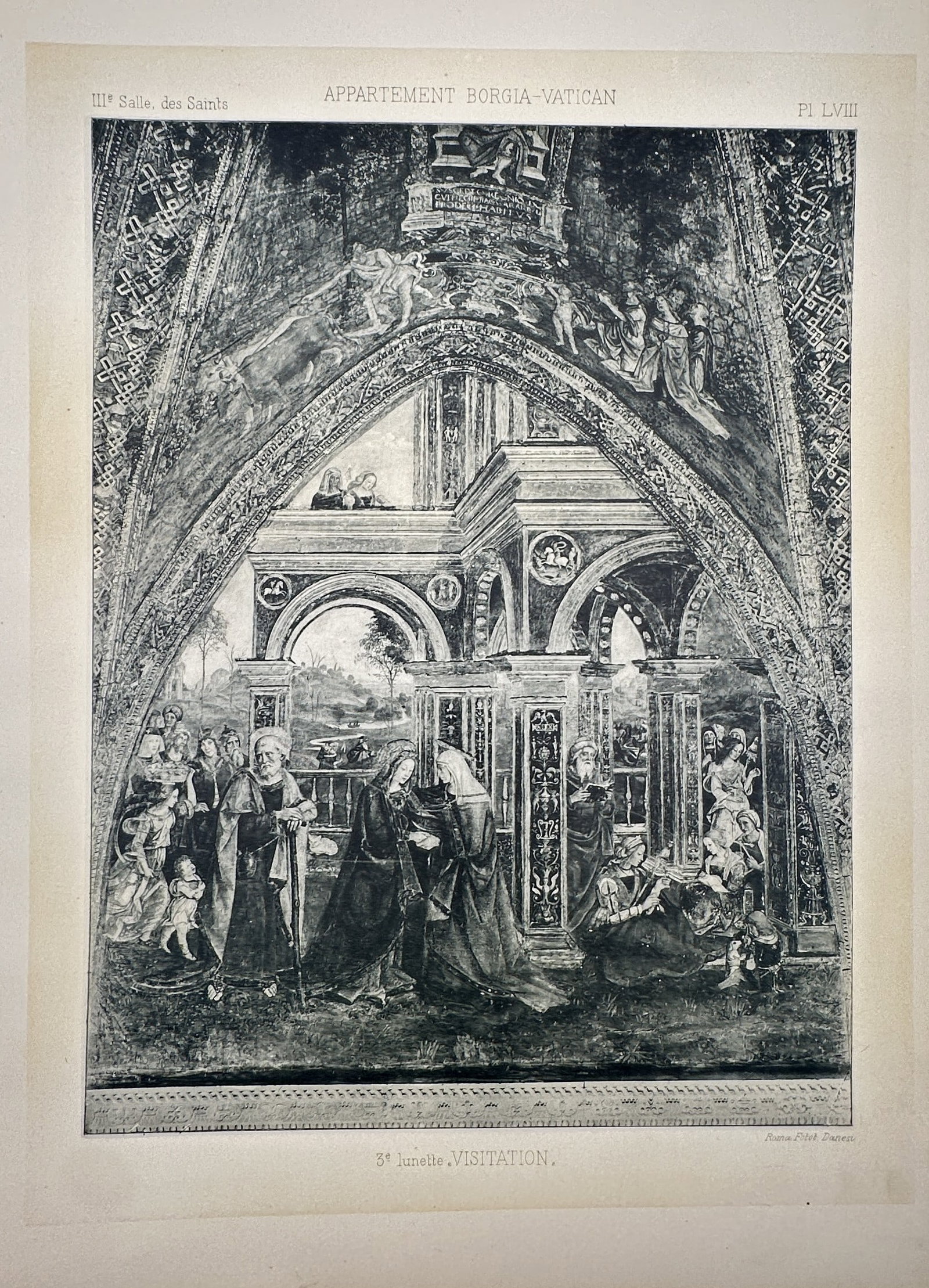 Pinturicchio (1454–1513), after – The Visitation – Lithograph (1887): "3e lunette, VISITATION" This lithograph depicts the biblical Visitation, showing the meeting between the Virgin Mary and Saint Elizabeth within a grand Renaissance architectural setting featuring a l