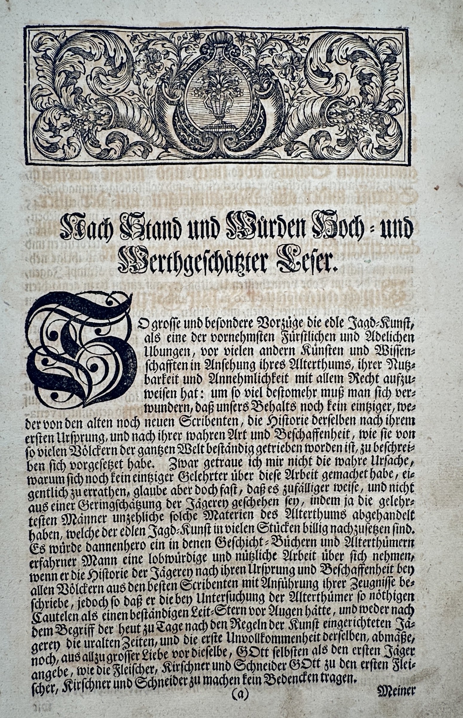 Johann Wilhelm von Tschudi – Preface to the Noble Art of Hunting – Woodcut and Letterpress (1 of 2)