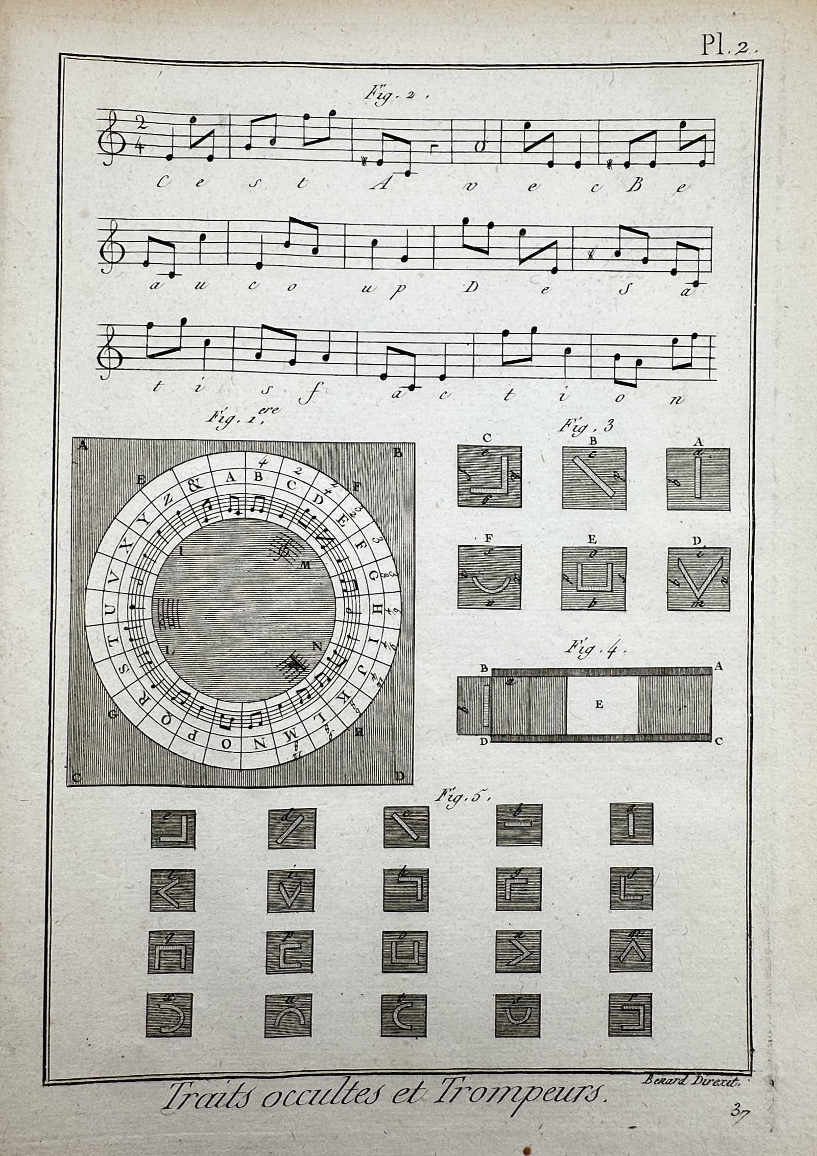 Robert Bénard (1734–1777) – View of Traits occultes et Trompeurs – Engraving (c. 1762–1772): "Traits occultes et Trompeurs". This engraving in IMG_4162.jpg illustrates various methods of cryptography and hidden communication, featuring a musical cipher, a circular decoding alphabet, and sever