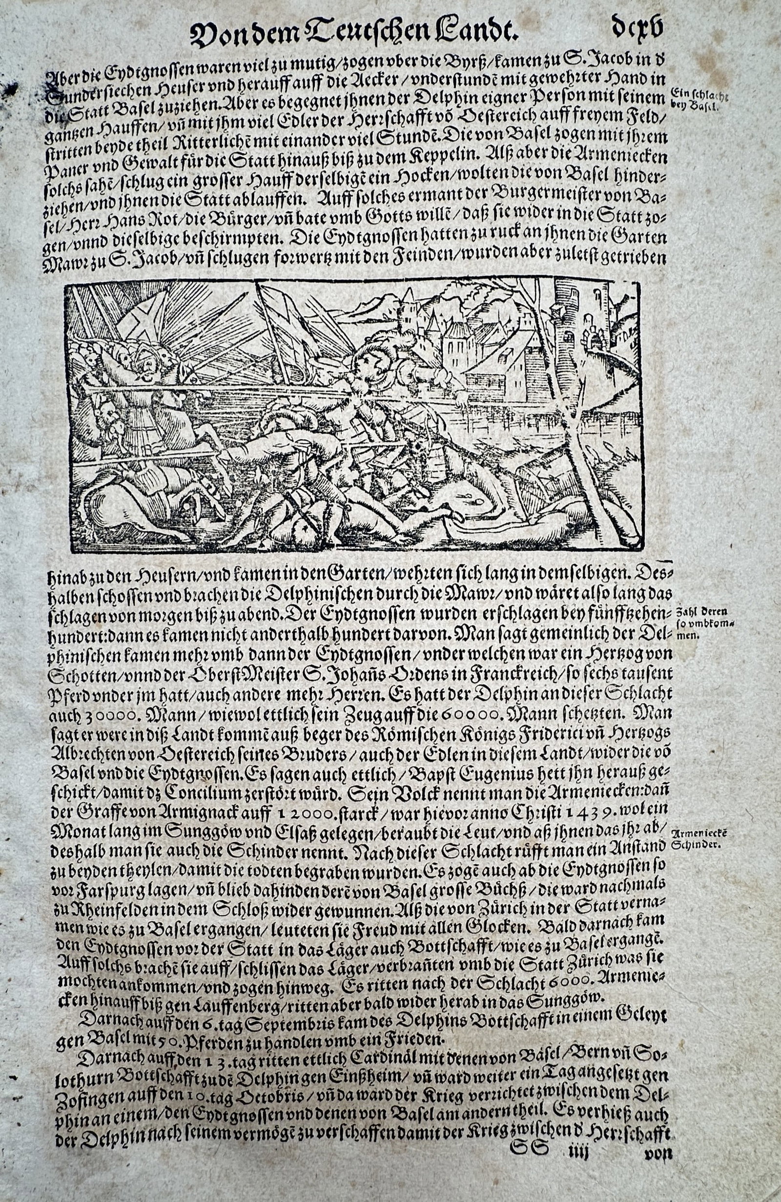 Sebastian Münster (1488-1552) – Battle Scene in Switzerland – Woodcut (1550): "Vondem Teuetshen Landt." This woodcut depicts a military engagement, specifically the Battle of St. Jakob an der Birs, characterized by soldiers on horseback and foot soldiers in a dense struggle out