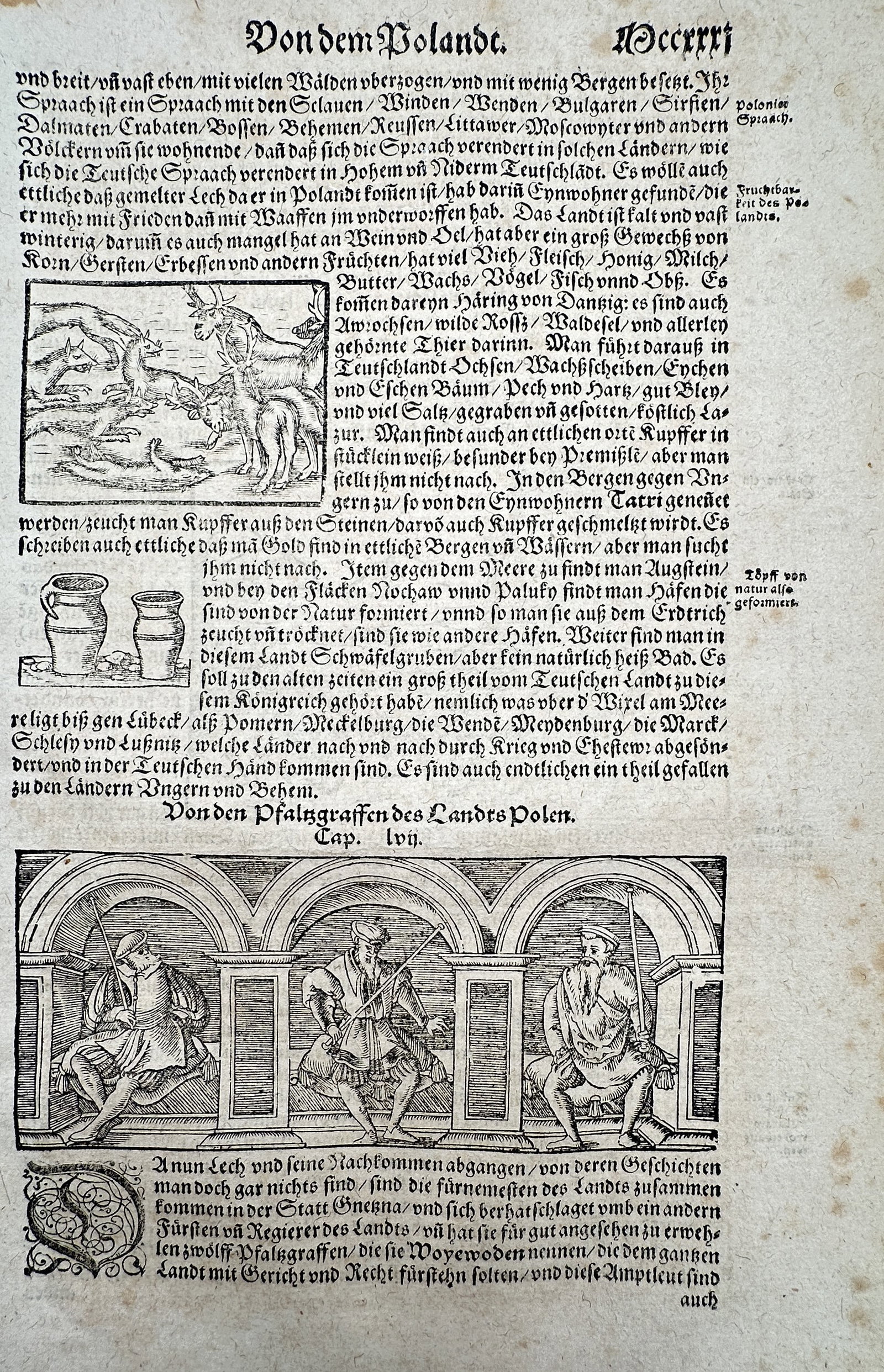 Sebastian Münster (1488-1552) – View of Wildlife and Governors of Poland – Woodcut (1550) (1 of 2)