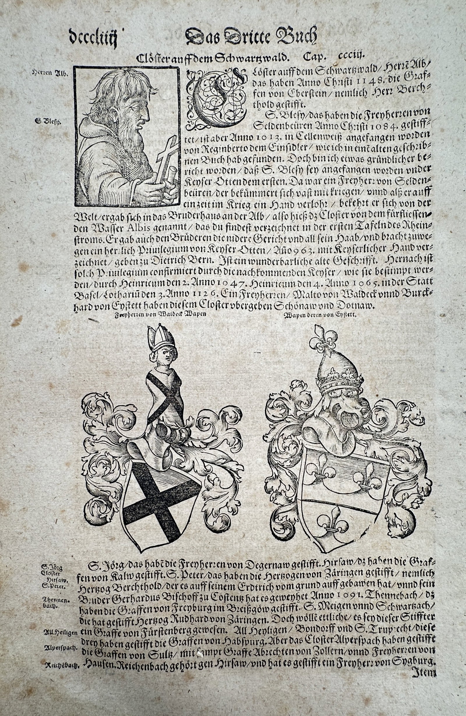 Sebastian Münster (1488-1552) – View of a Monk and Coats of Arms – Woodcut (1550) (1 of 2)