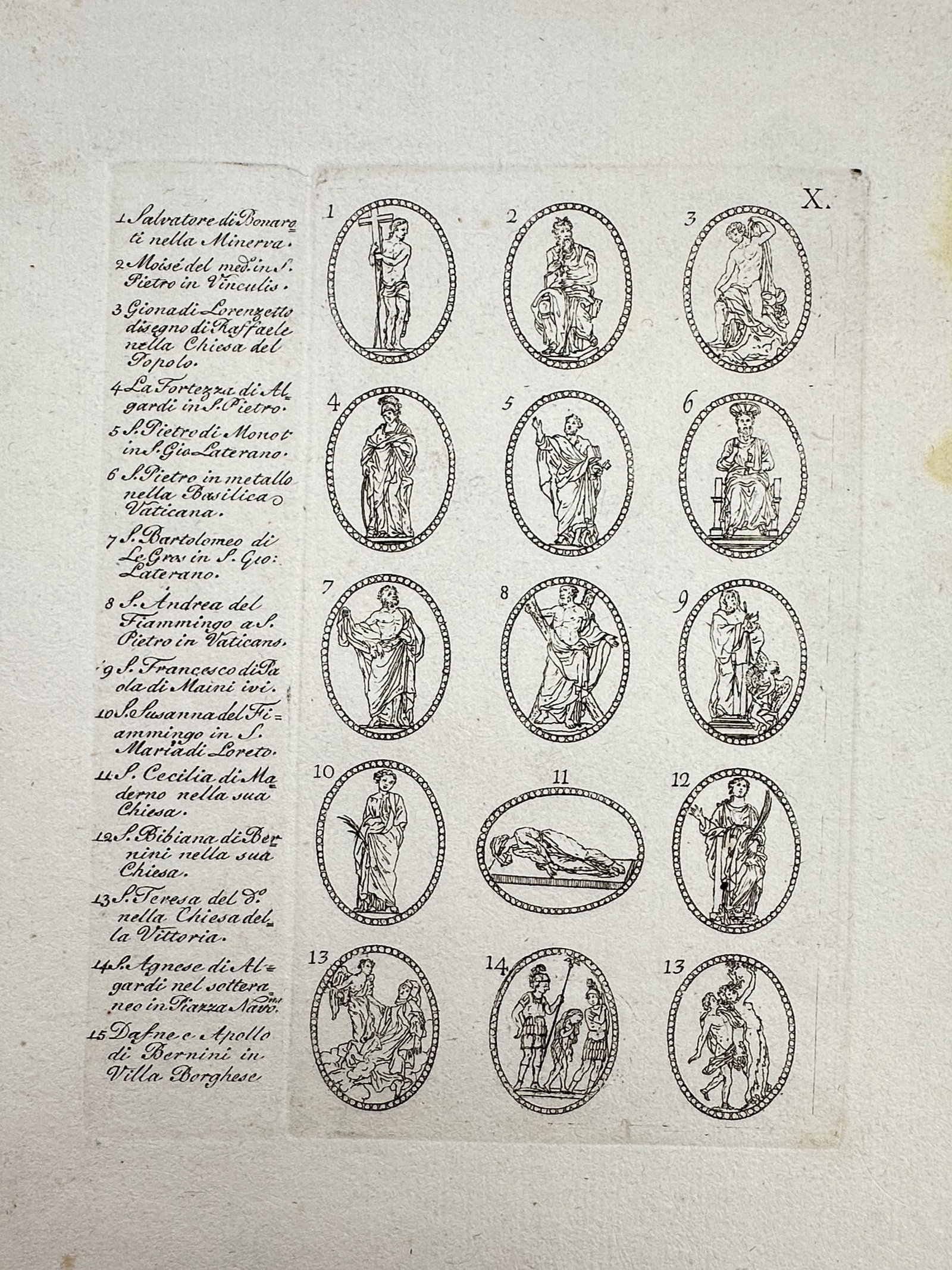 Henri Abraham Chatelain (1684–1743) – View of Medallions featuring Roman Statues – Etching: "Salvatore di Bonaroti nella Minerva." This print displays fifteen numbered medallions, each containing a depiction of a significant statue or sculpture found in Rome, such as Michelangelo's Christ in