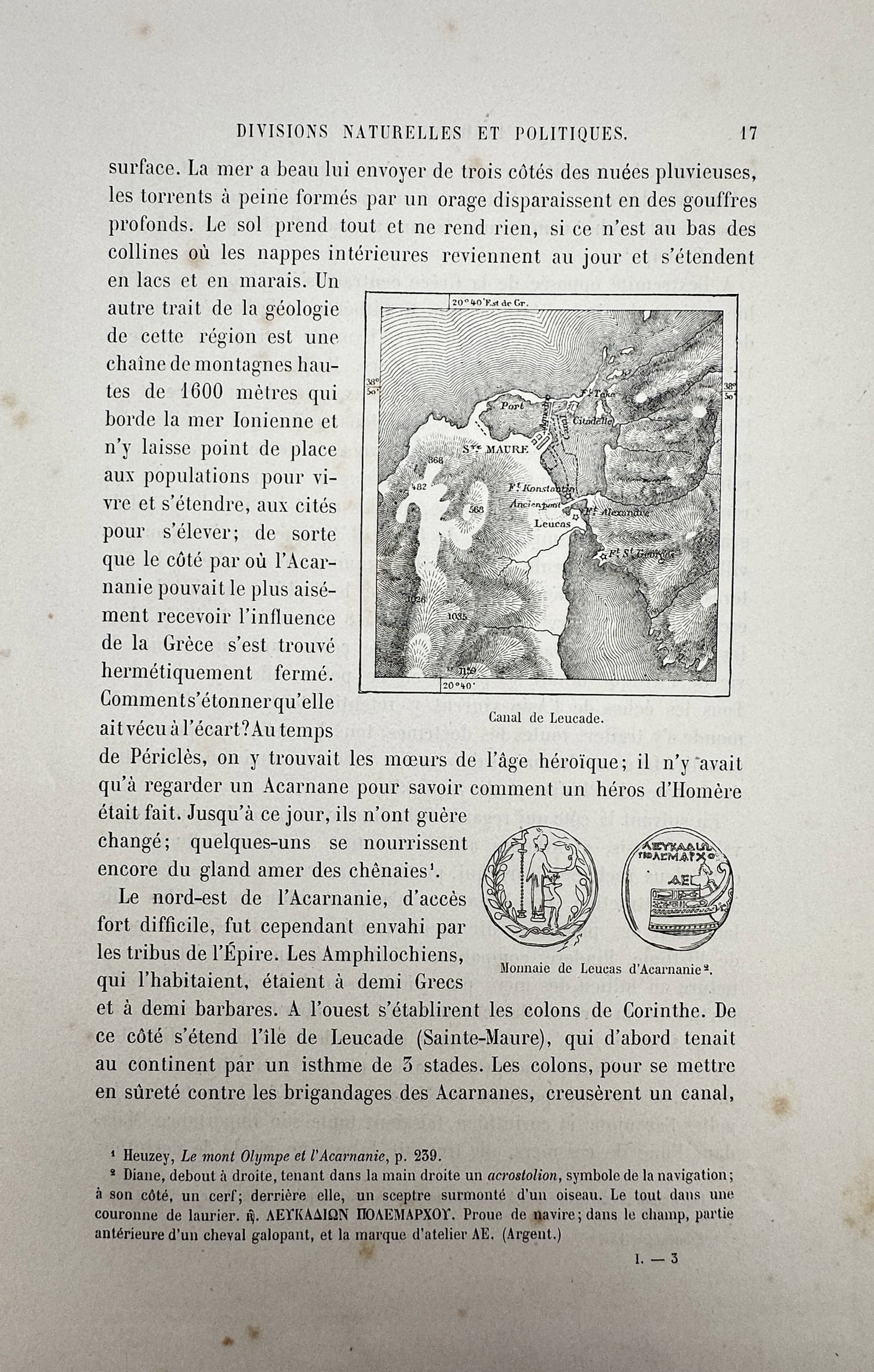 Victor Duruy (1811–1894) – Map of the Canal of Leucas and Ancient Coin – Greece: "Canal de Leucade." This page features a geographical map showing the canal of Leucas and the surrounding region of Acarnania, alongside an illustration of an ancient silver coin from Leucas. The work