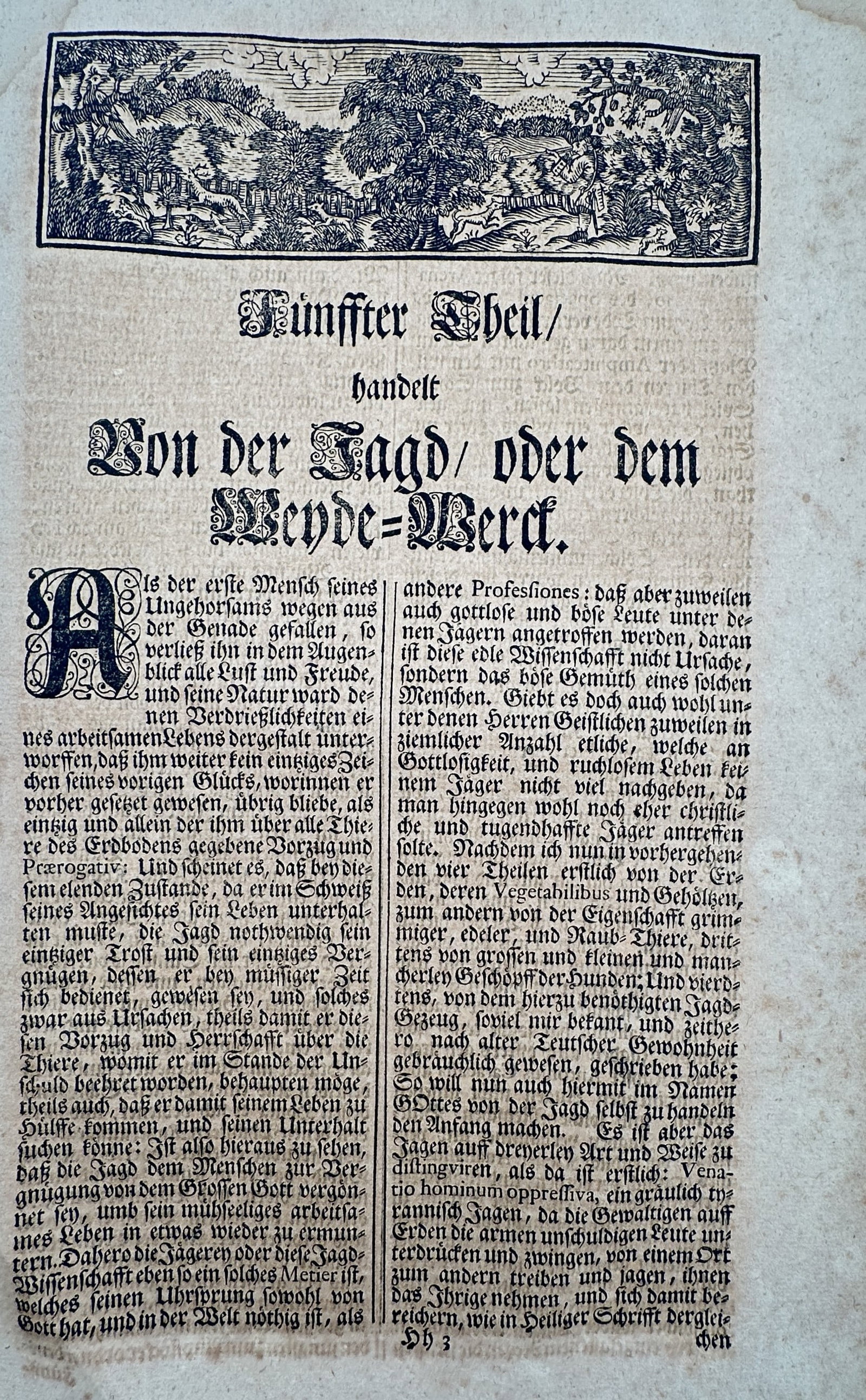 Hans Friedrich von Fleming – Title Page for the Fifth Part of the Complete German Hunter –: "Fünffter Theil handelt Von der Jagd oder dem Weyde-Werck." This page serves as the decorative heading for the fifth section of the treatise, featuring a woodcut vignette of a lush forest landscape p