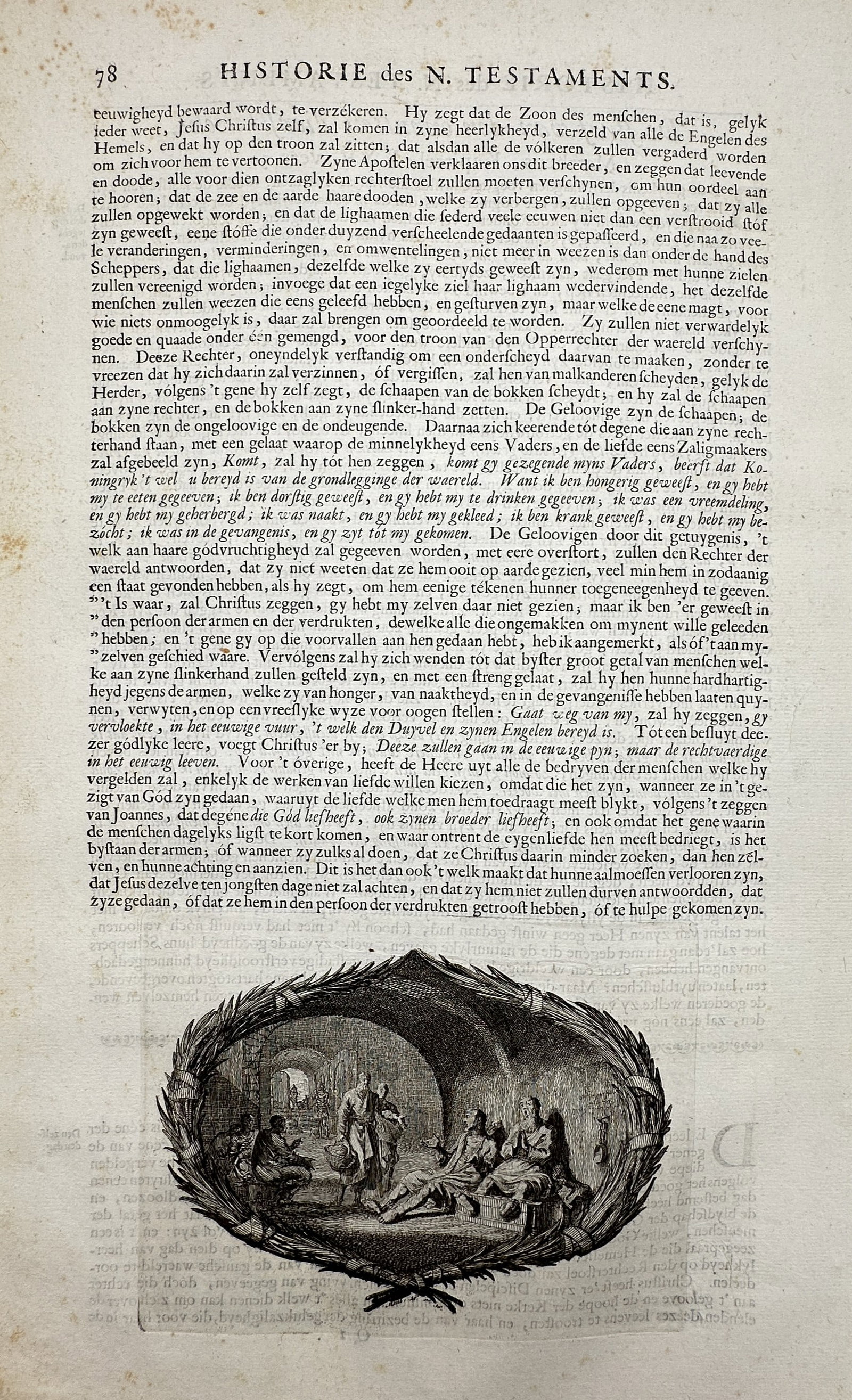 Pieter Mortier (1661–1711) – View of the Resurrection of the Dead – Etching (1700): "Historie des N. Testaments." This print features an etched vignette enclosed in an oval wreath at the base of a page, depicting the biblical scene of the Resurrection of the Dead, where figures emerg