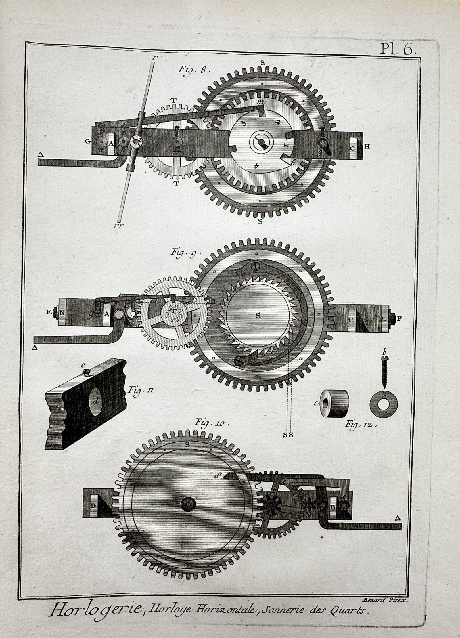 Robert Bénard (1734–1777) – View of Horizontal Clockwork Quarter-Chime Mechanism: "Horlogerie, Horloge Horizontale, Sonnerie des Quarts." This print features detailed technical diagrams of the quarter-striking mechanism for a horizontal clock, showing the intricate arrangement of g