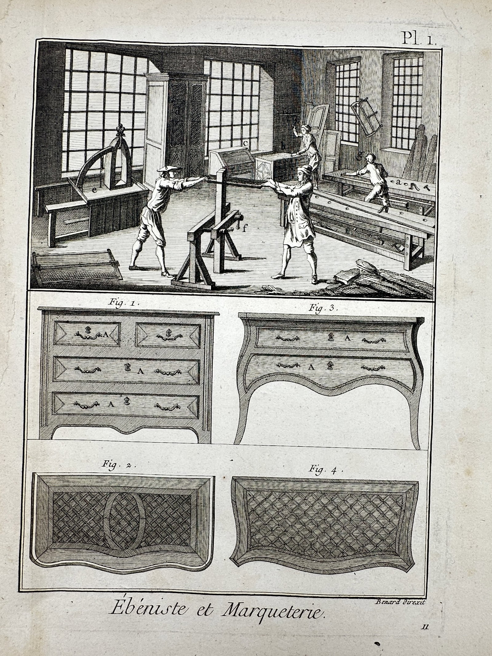 Robert Bénard (1734–1777) – View of a Cabinet Maker and Marquetry Workshop – Copper engraving (1 of 2)