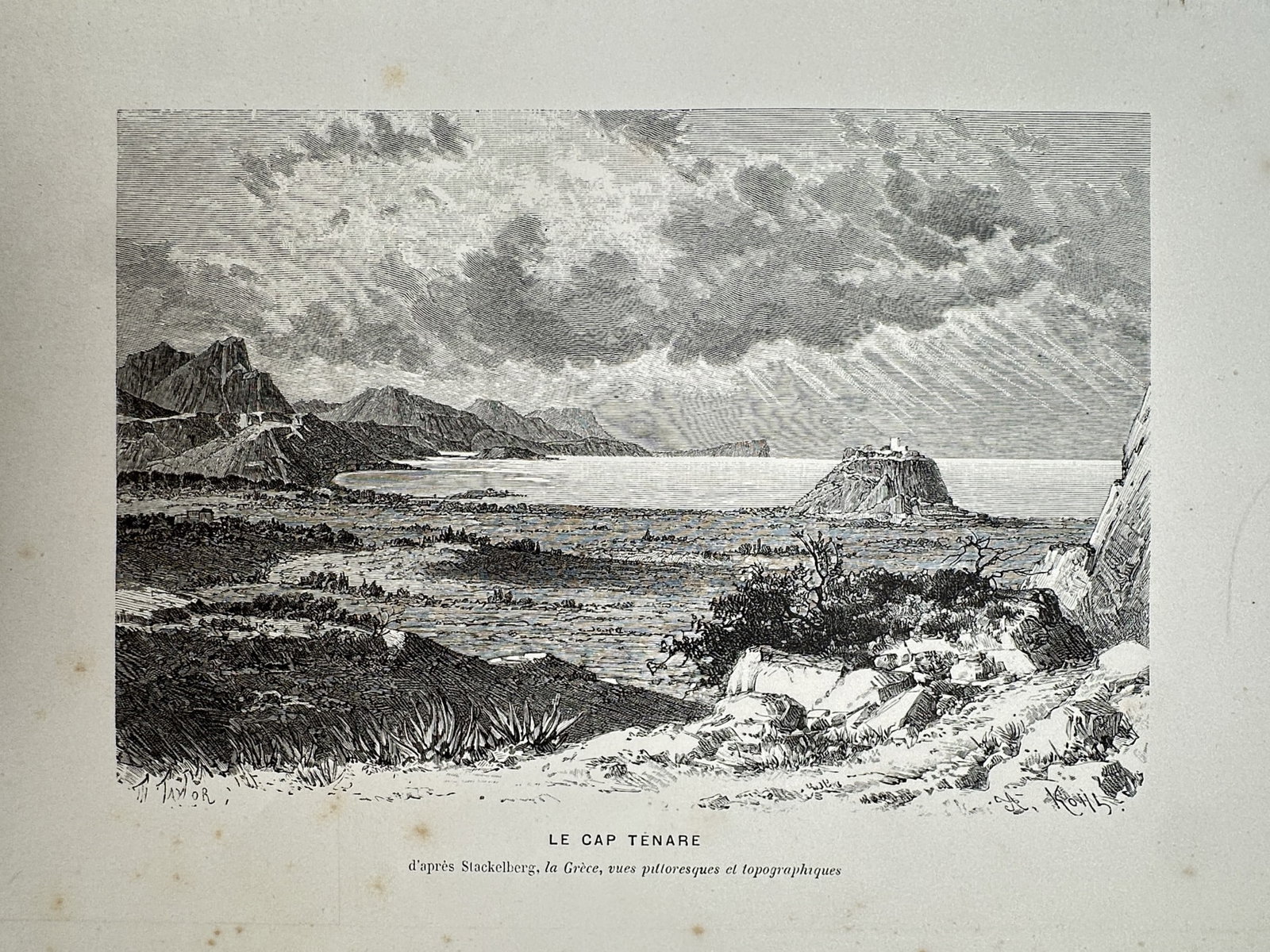 Victor Duruy (1811–1894) – View of Cape Matapan – Engraving (1882): "Le Cap Ténare." This print illustrates a panoramic landscape of Cape Matapan, known historically as Cape Taenarum, featuring the rugged coastline and mountainous terrain of the Mani Peninsula under 