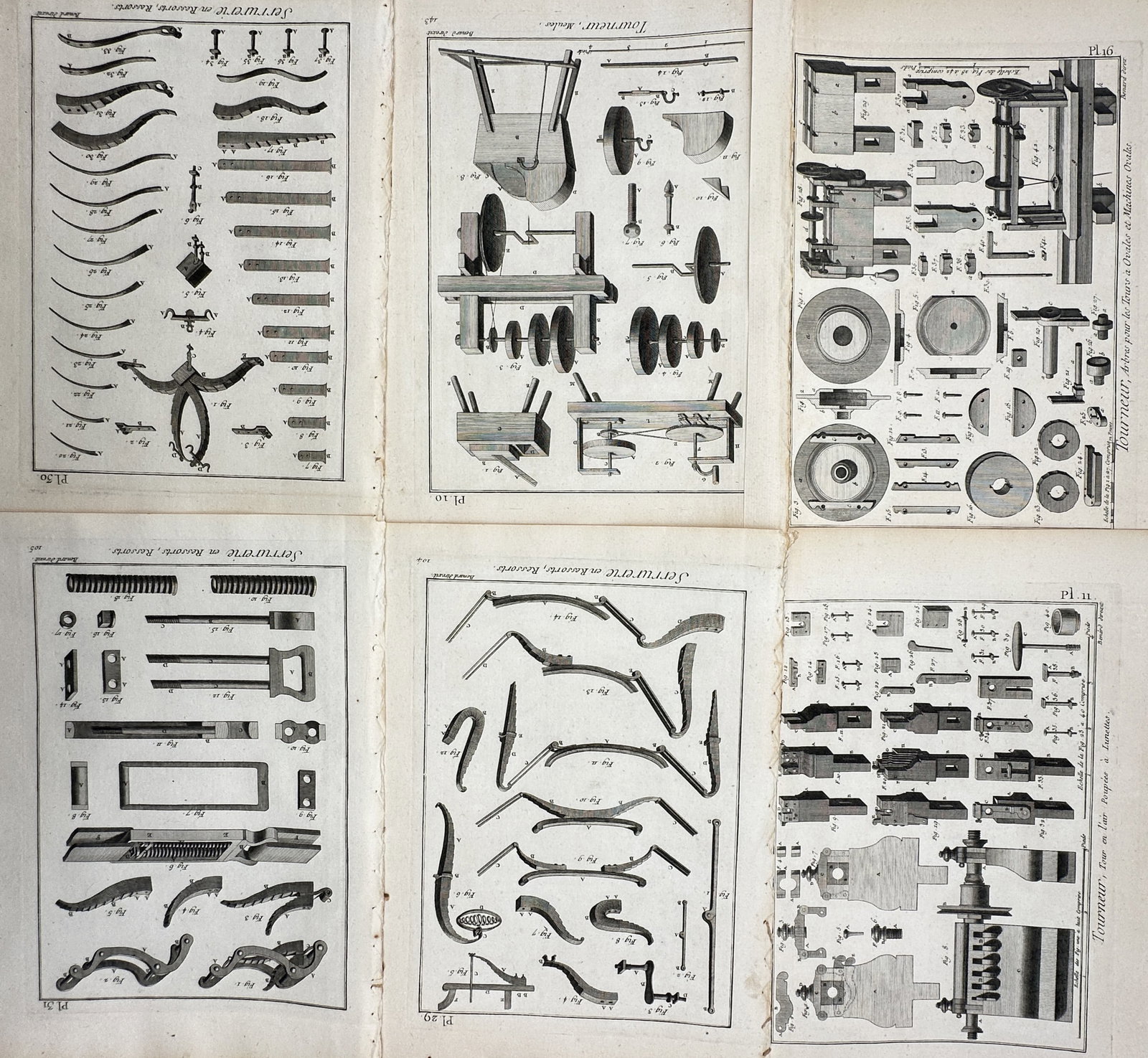 Robert Bénard – Set of 6: Views of Turning and Locksmithing Mechanisms – Engraving: "Tourneur" and "Serrurerie." This set of engravings illustrates various mechanical components and specialized machinery used in woodturning and locksmithing, featuring lathes, grinding wheels, and int