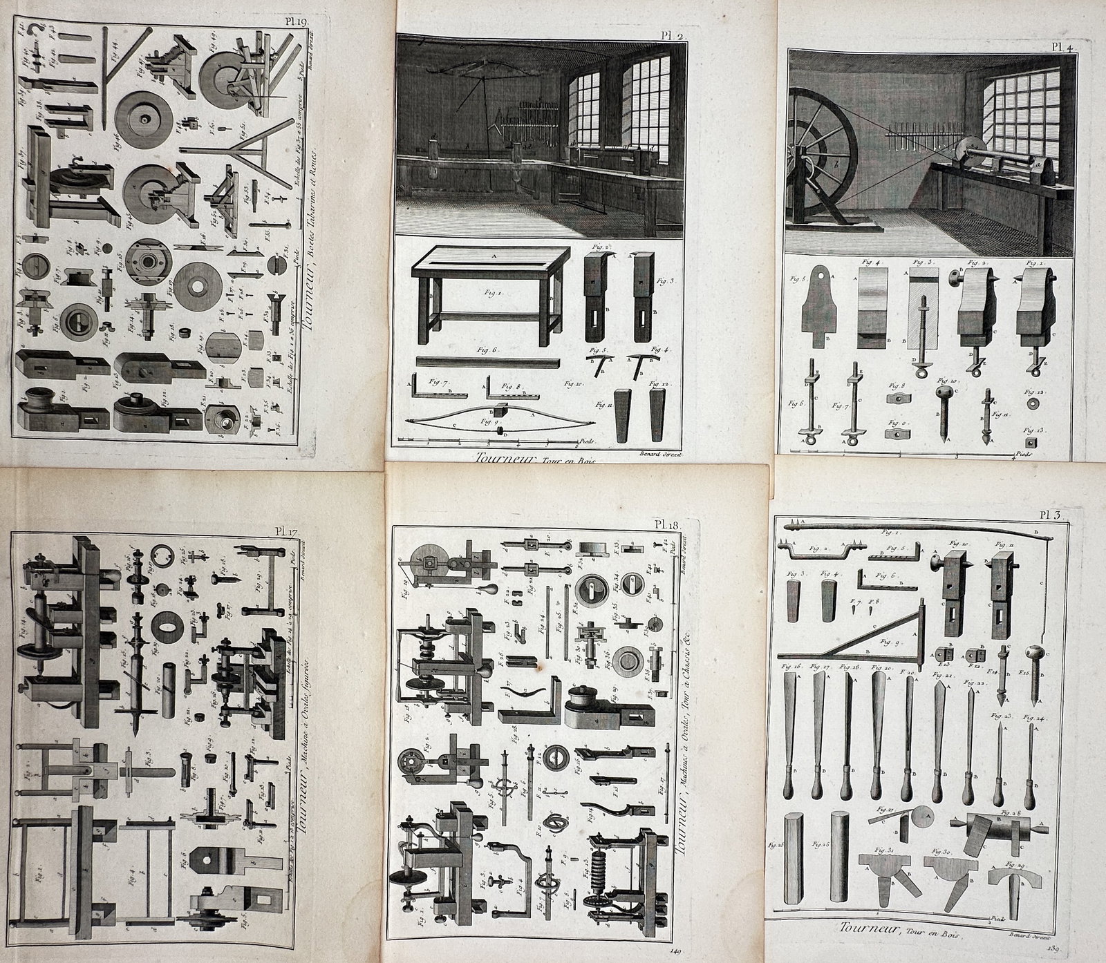 Robert Bénard – Set of 6: Views of Woodturning Workshops and Tools – Engraving (1762–1772): "Tourneur." This set of engravings provides a comprehensive look at the art of woodturning during the mid-18th century, showcasing both full workshop interiors with large wheel-driven lathes and detai