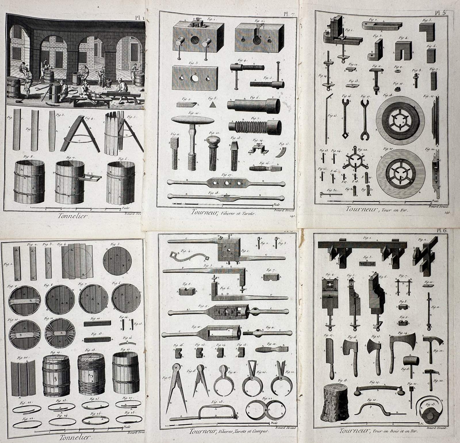 Robert Bénard – Set of 6: Views of Coopering and Turning Tools – Engraving (1762–1772): "Tonneler" and "Tourneur." This set of engravings illustrates the technical components of 18th-century coopering and woodturning, featuring scenes of a barrel-making workshop alongside detailed plates