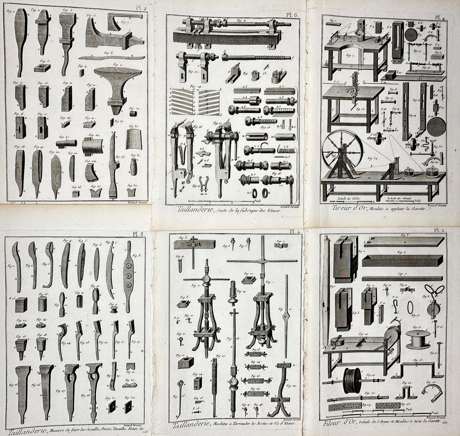 Robert Bénard – Set of 6: Views of Edge Tool Making and Gold Wire Drawing – Engraving: "Taillanderie" and "Tireur d'Or." This set of engravings illustrates the technical processes and specialized machinery of the 18th century, focusing on edge tool manufacturing (taillanderie) and the p