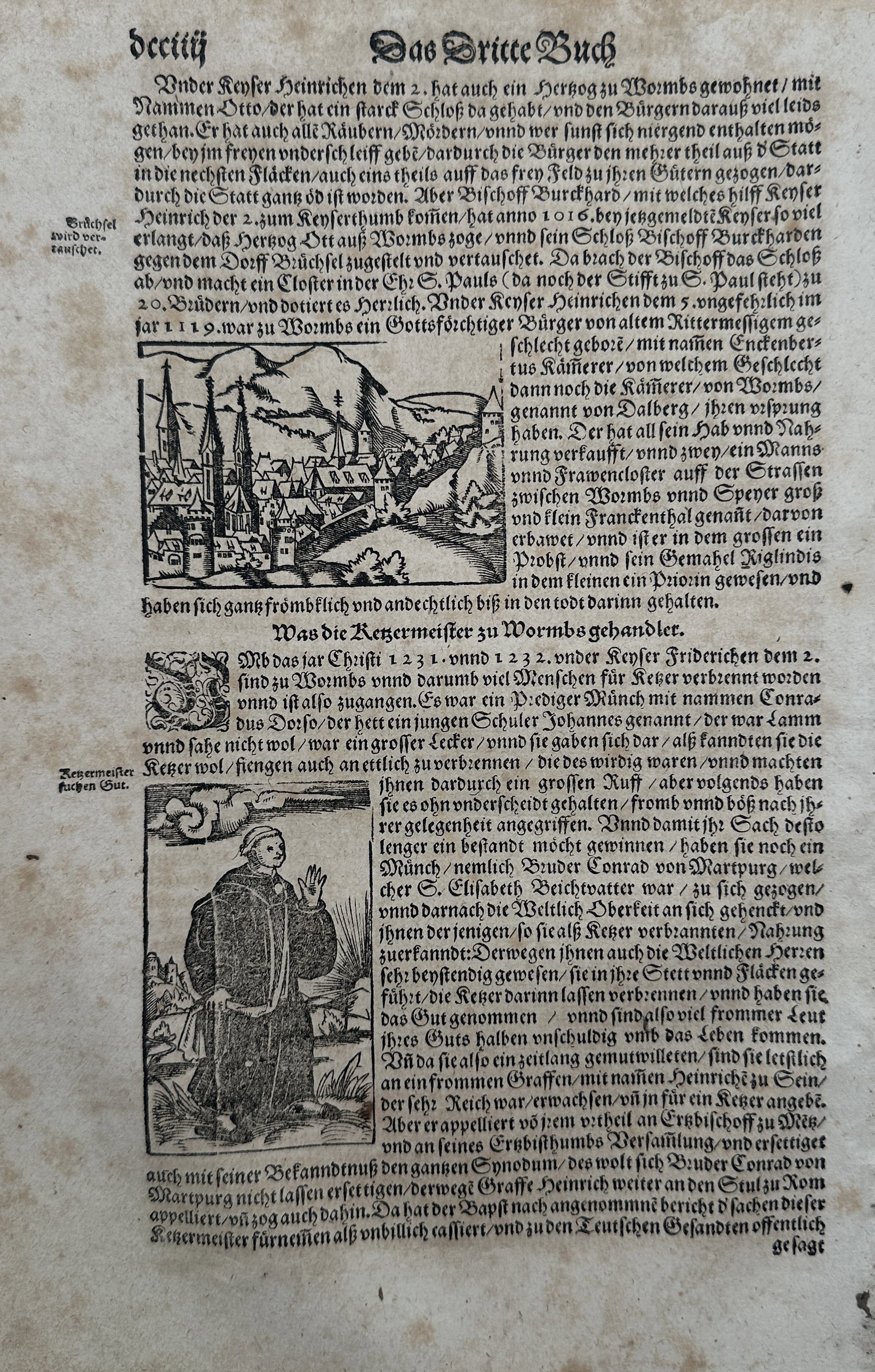 Sebastian Münster (1488–1552) – View of Worms and Portrait of Conrad of Marburg – Woodcut (1 of 2)