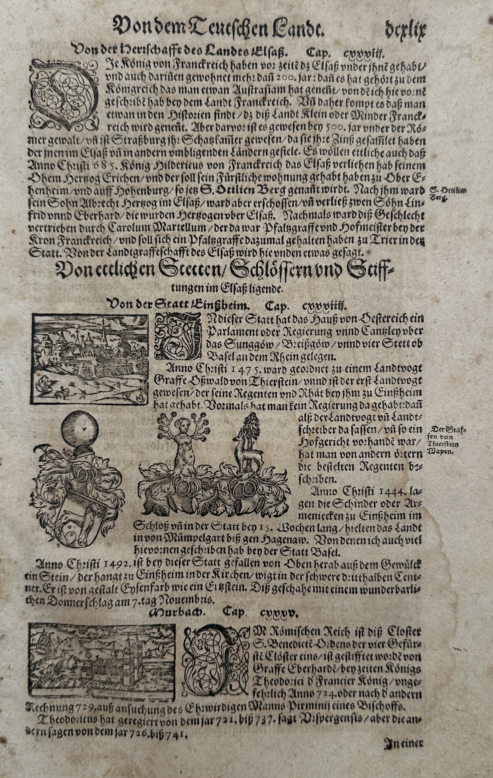 Sebastian Münster (1488–1552) – View of Ensisheim and Murbach Abbey – Woodcut (1550) (1 of 2)