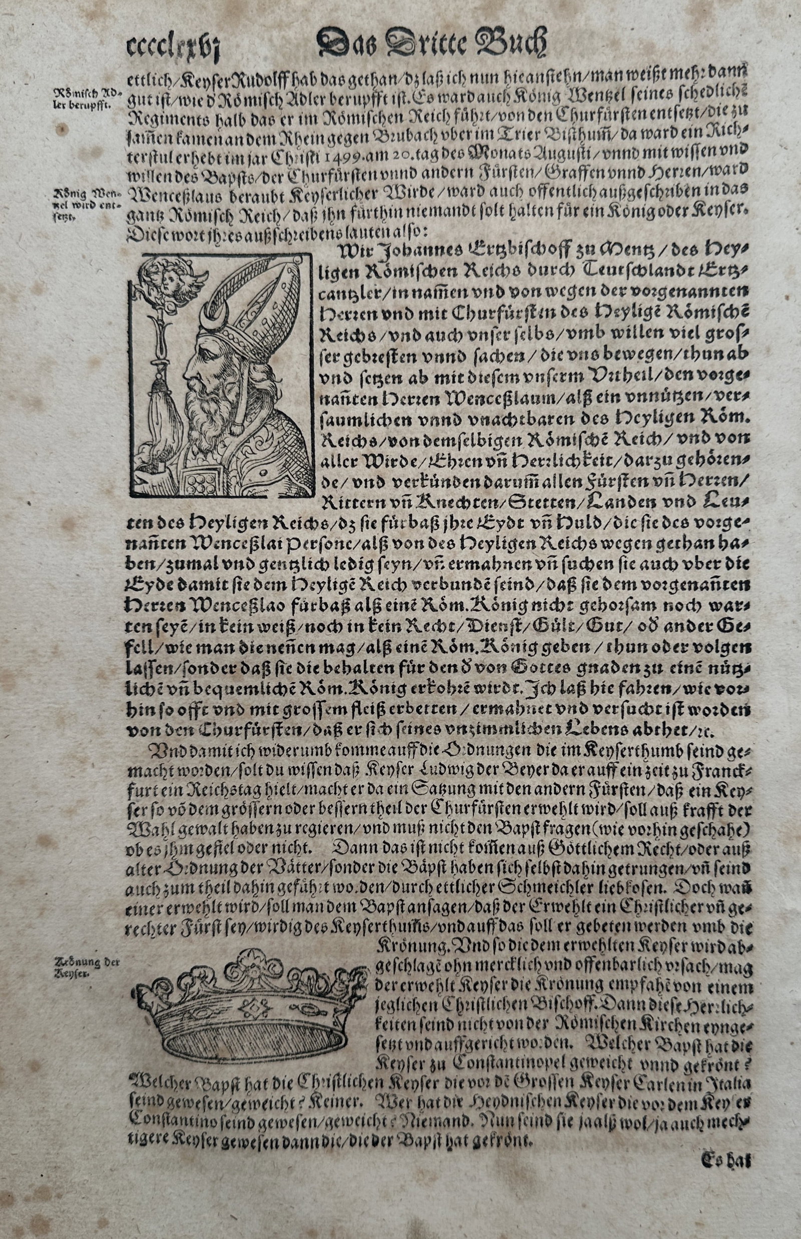 Sebastian Münster (1488–1552) – Portrait of Archbishop John of Mainz and Imperial Crown (1 of 2)
