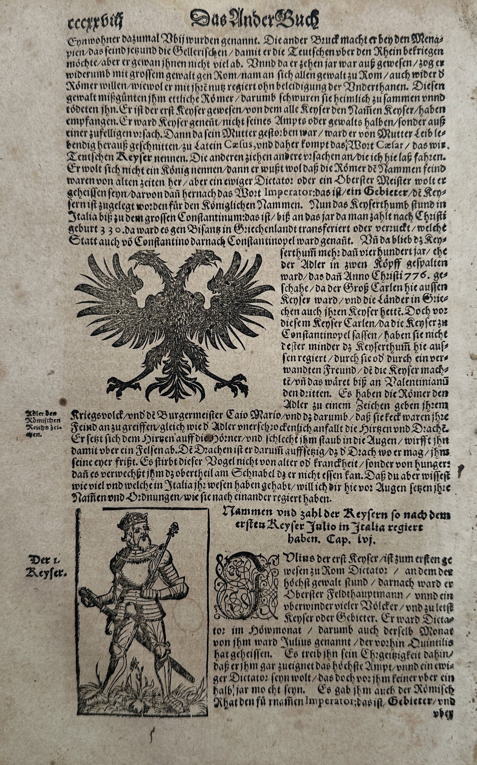 Sebastian Münster (1488–1552) – View of the Imperial Eagle and Portrait of Julius Caesar – (1 of 2)