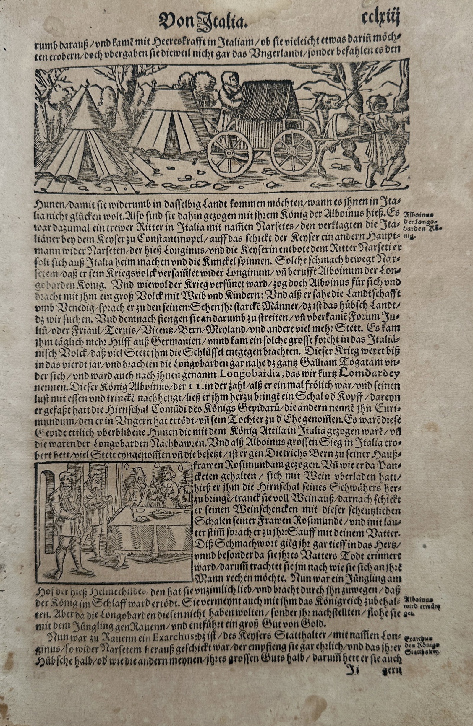 Sebastian Münster (1488–1552) – View of a Military Camp and a Royal Banquet – Woodcut (1550) (1 of 2)