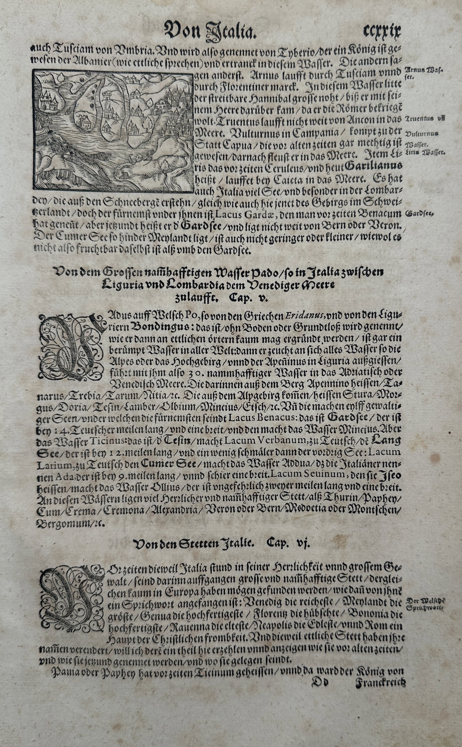 Sebastian Münster (1488–1552) – View of the Italian Alps and Lake Garda – Woodcut (1550) (1 of 2)