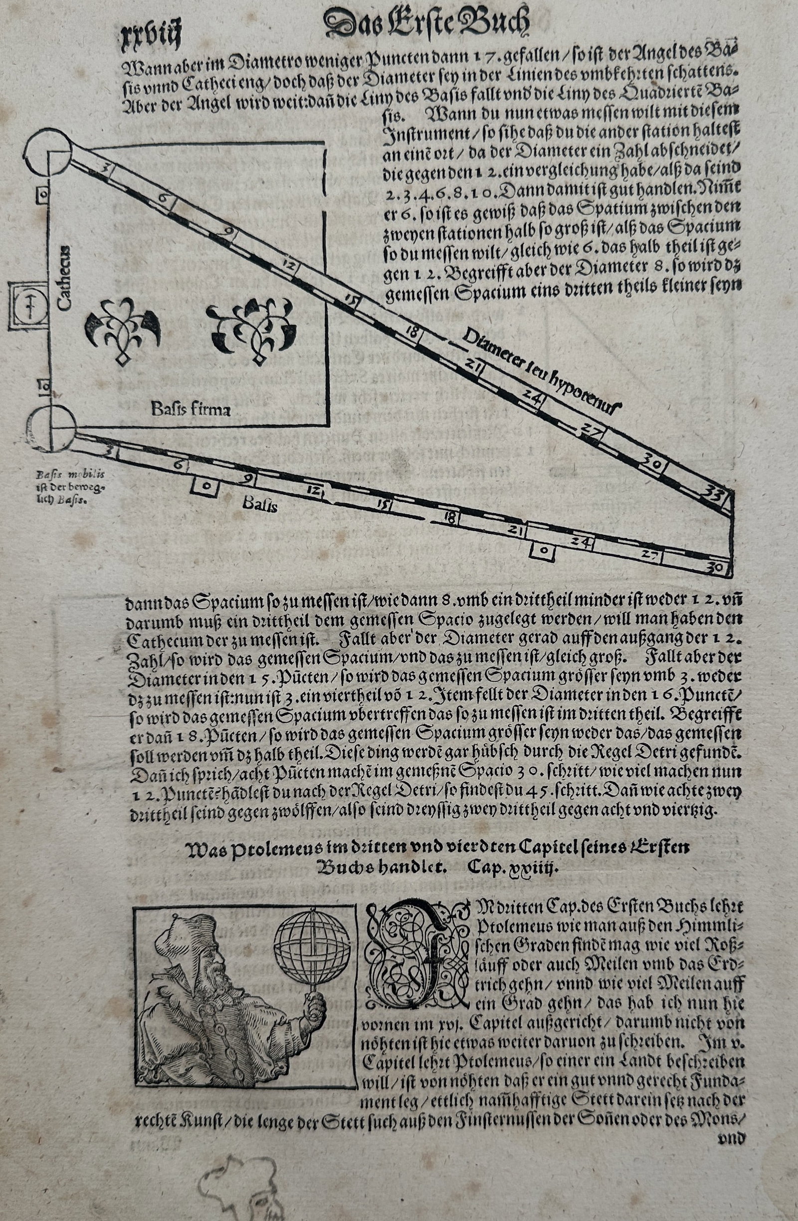 Sebastian Münster (1488–1552) – View of a Geometrical Instrument and Portrait of Ptolemy: "Das Erste Buch." This woodcut features a large diagram of a surveying or geometrical instrument with scale markings and a portrait of the ancient astronomer Ptolemy holding an armillary sphere, set w