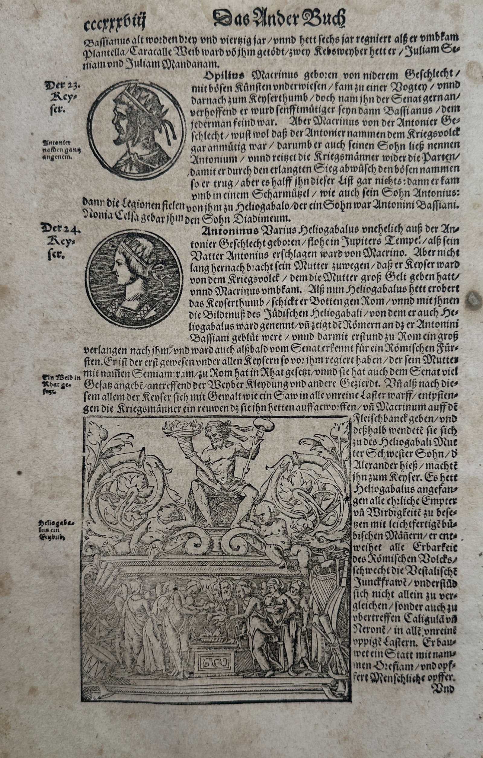 Sebastian Münster (1488–1552) – Portraits of Macrinus and Elagabalus with Sacrificial Scene (1 of 2)