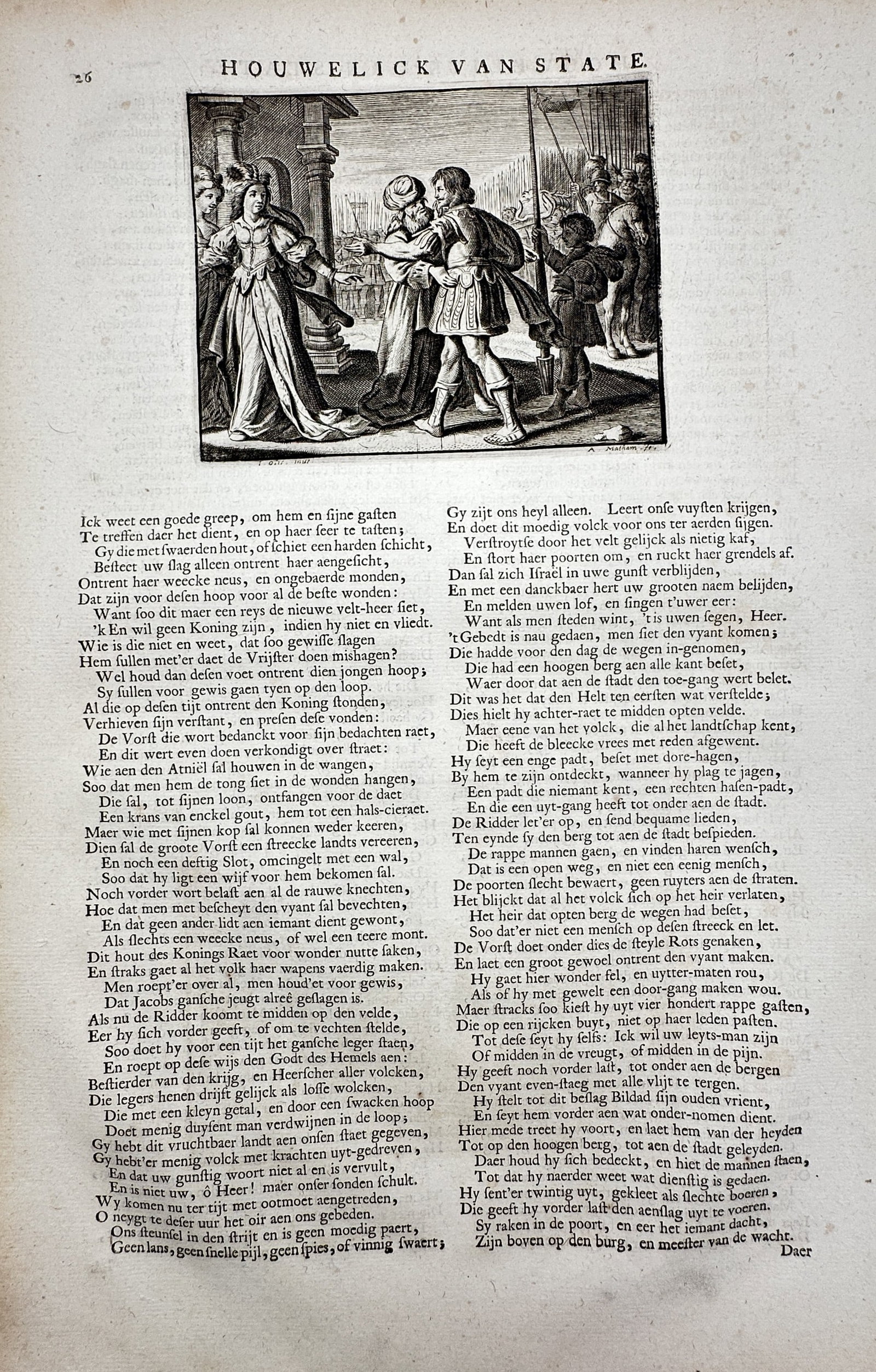 Jacob Cats (1577–1660) – View of Houwelick van State – Etching (1658): "Houwelick van State" This work illustrates a scene from the pedagogical and moralistic literature of Jacob Cats, featuring an interior gathering with figures in seventeenth-century Dutch attire. The 