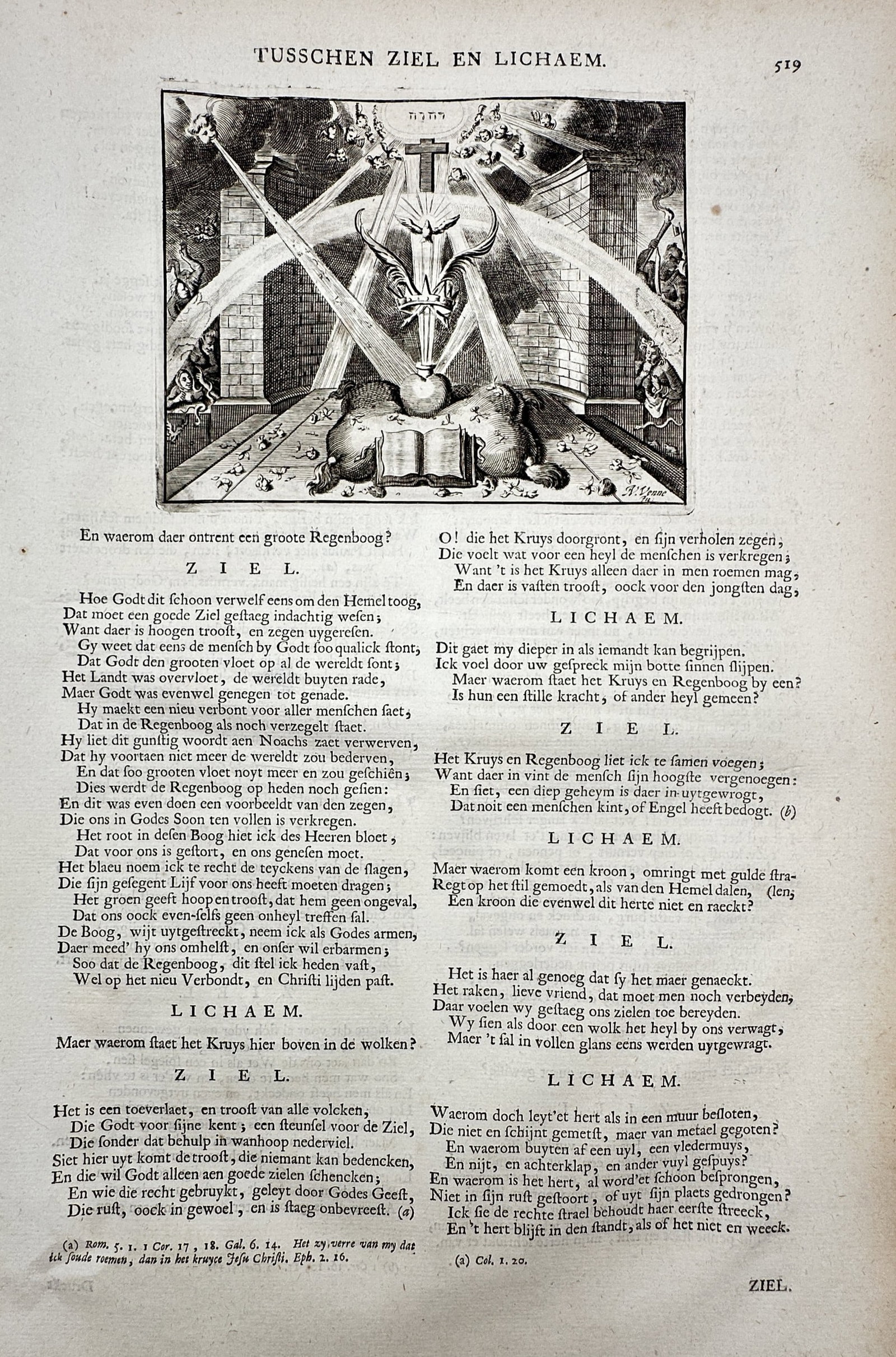 Jacob Cats (1577–1660) – View of Tusschen Ziel en Lichaem – Etching (1658): "Tusschen Ziel en Lichaem" This work illustrates a spiritual dialogue between the soul and the body, featuring a symbolic central image of a cross, an anchor, and a heart resting upon an open book, il