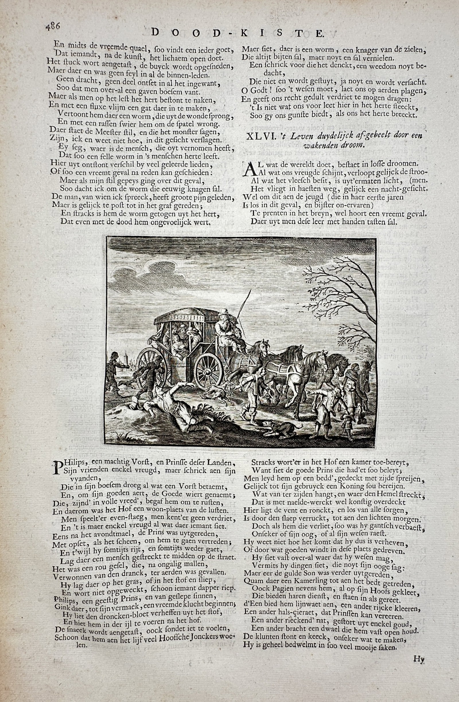 Jacob Cats (1577–1660) – View of Dood-Kiste – Etching (1658): "Dood-Kiste" This work illustrates a narrative scene from the moralistic poetry of Jacob Cats, depicting a horse-drawn carriage encountering figures on a path near a body of water. The print is source