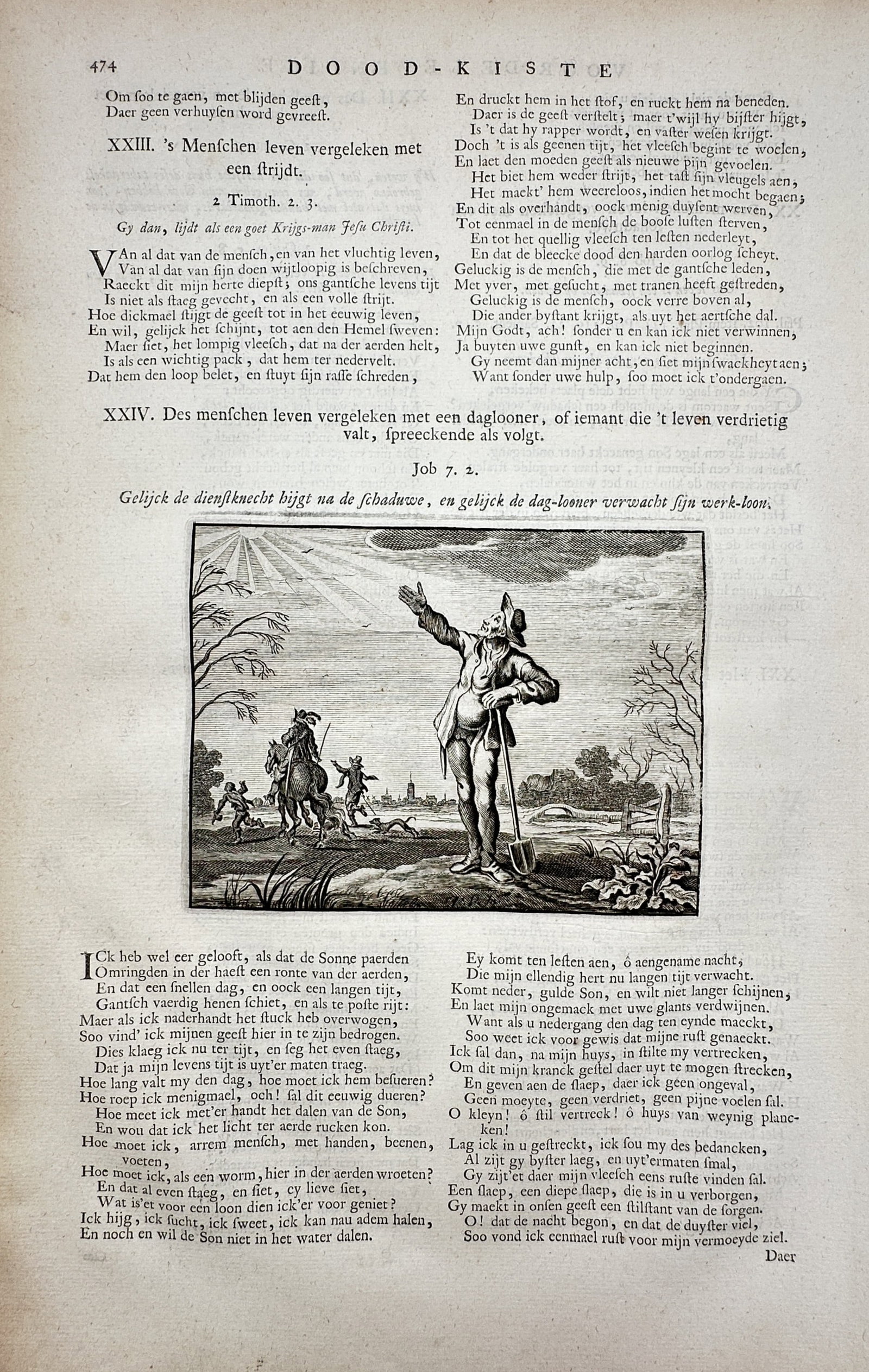 Jacob Cats (1577–1660) – View of Dood-Kiste – Etching (1658): "Dood-Kiste" This work illustrates a moralistic scene from the poetry of Jacob Cats, depicting a laborer in a field gesturing toward the sun while other figures and a horse are visible in the backgrou