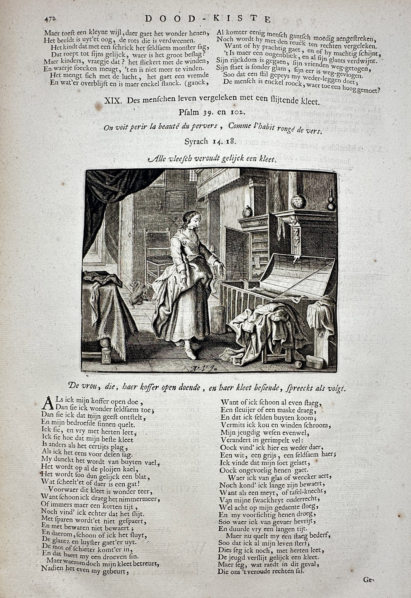 Jacob Cats (1577–1660) – View of Dood-Kiste – Etching (1658): "Dood-Kiste" This work illustrates a moralistic scene from the poetry of Jacob Cats, depicting a woman in an interior setting standing before an open chest or trunk containing clothing. The etching is