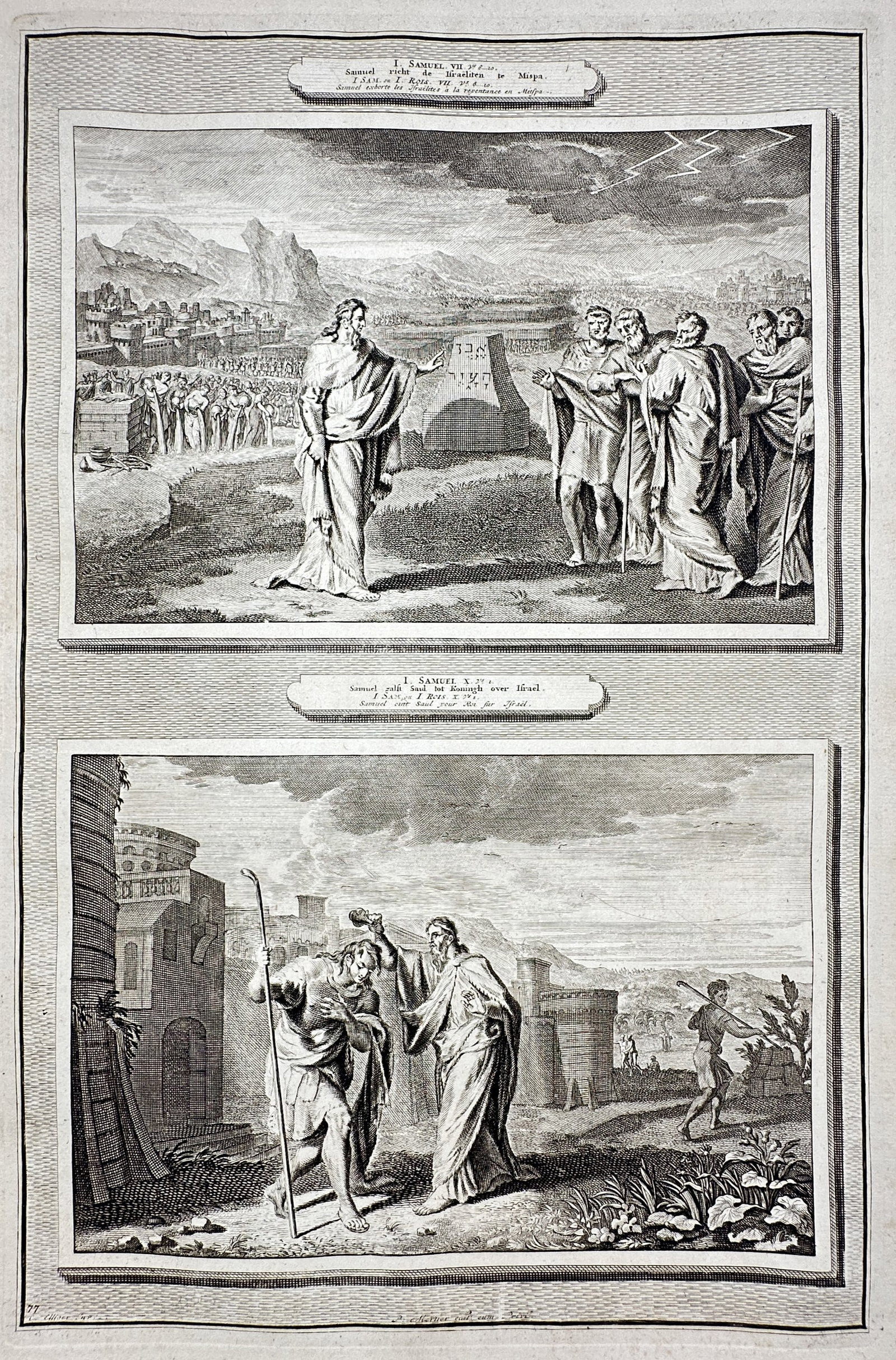 Pieter Mortier – View of Samuel Addressing Israel and the Anointing of Saul – Etching (1700) (1 of 2)