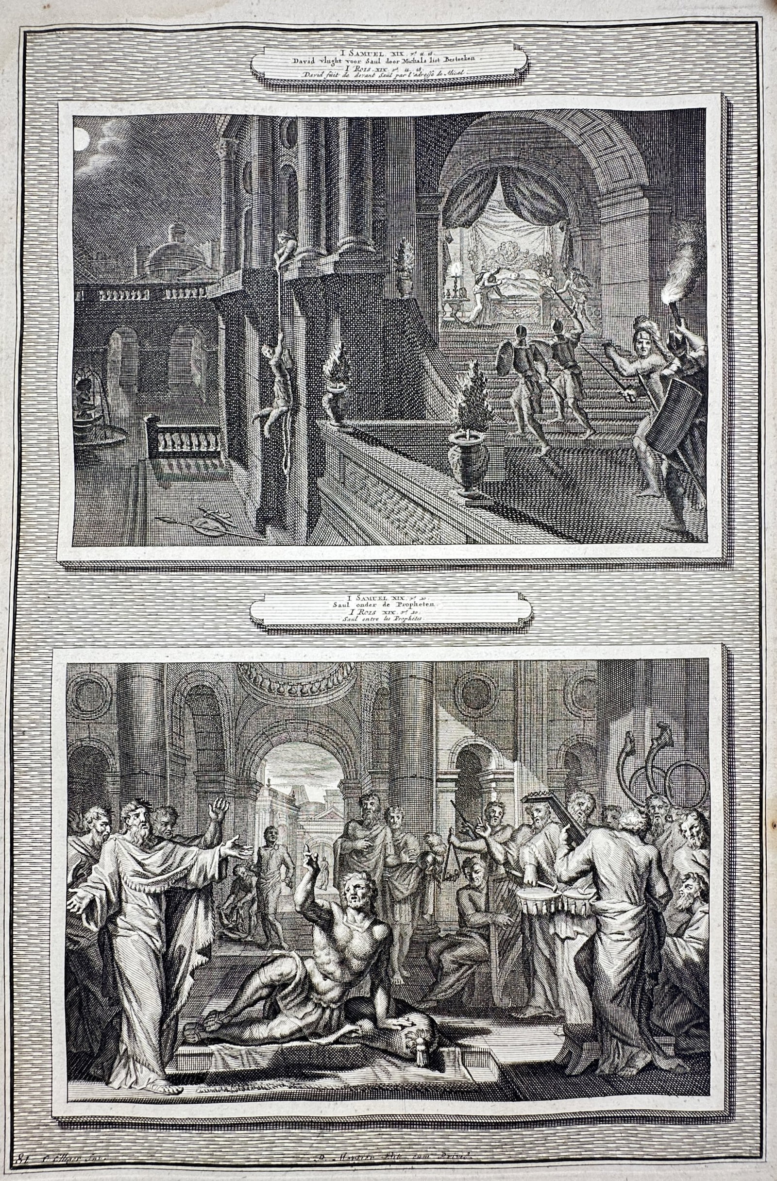 Pieter Mortier – View of David Escaping through a Window and Saul Prophesying – Etching (1700): "I. Samuel XIX" This biblical print features two distinct scenes from the First Book of Samuel. The upper section illustrates David escaping from his house through a window with the help of his wife M